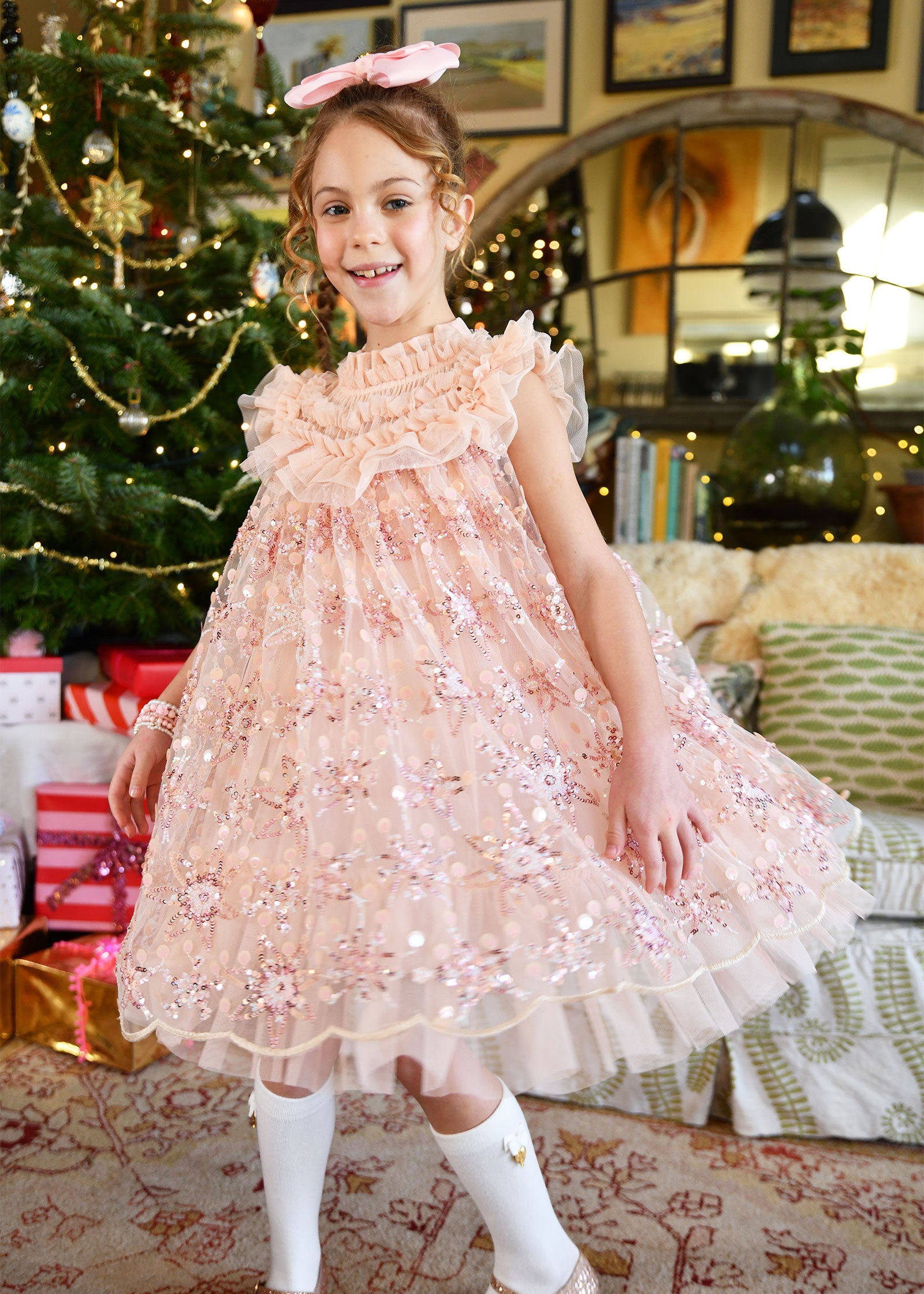 Dominique Flower Sequin Dress Blush Pink