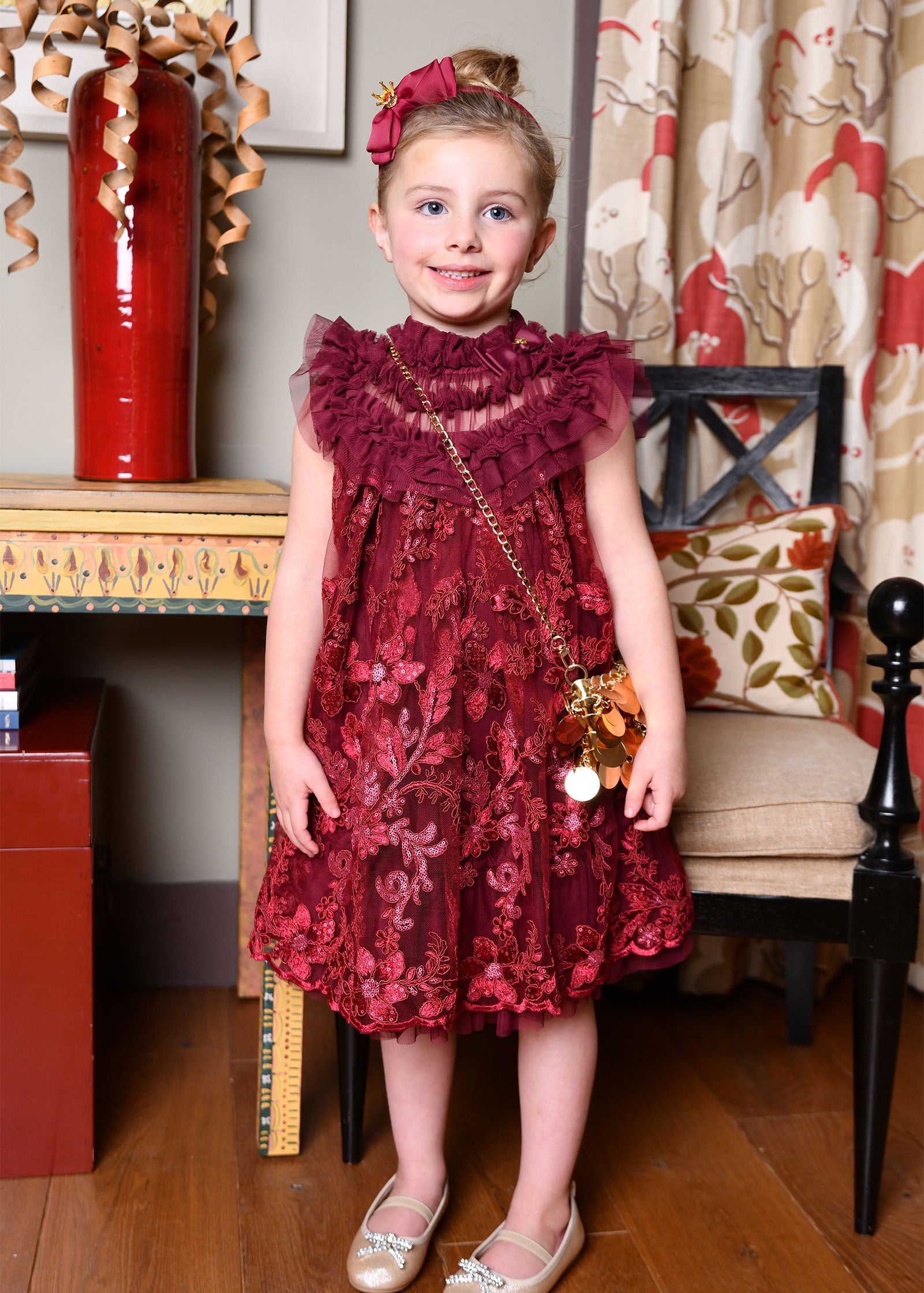 Dominique Flower Embroidery Dress Burgundy