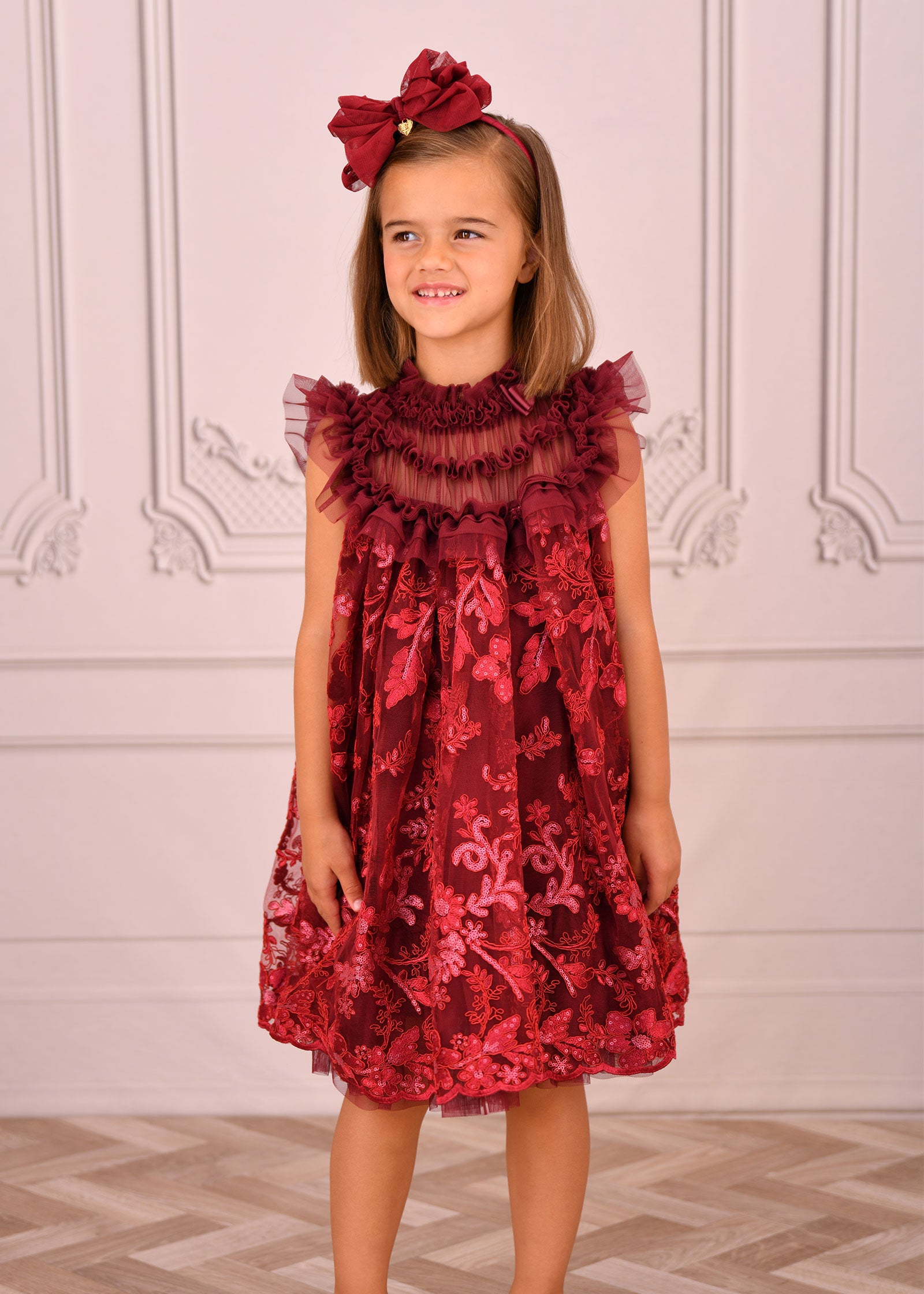 Dominique Flower Embroidery Dress Burgundy