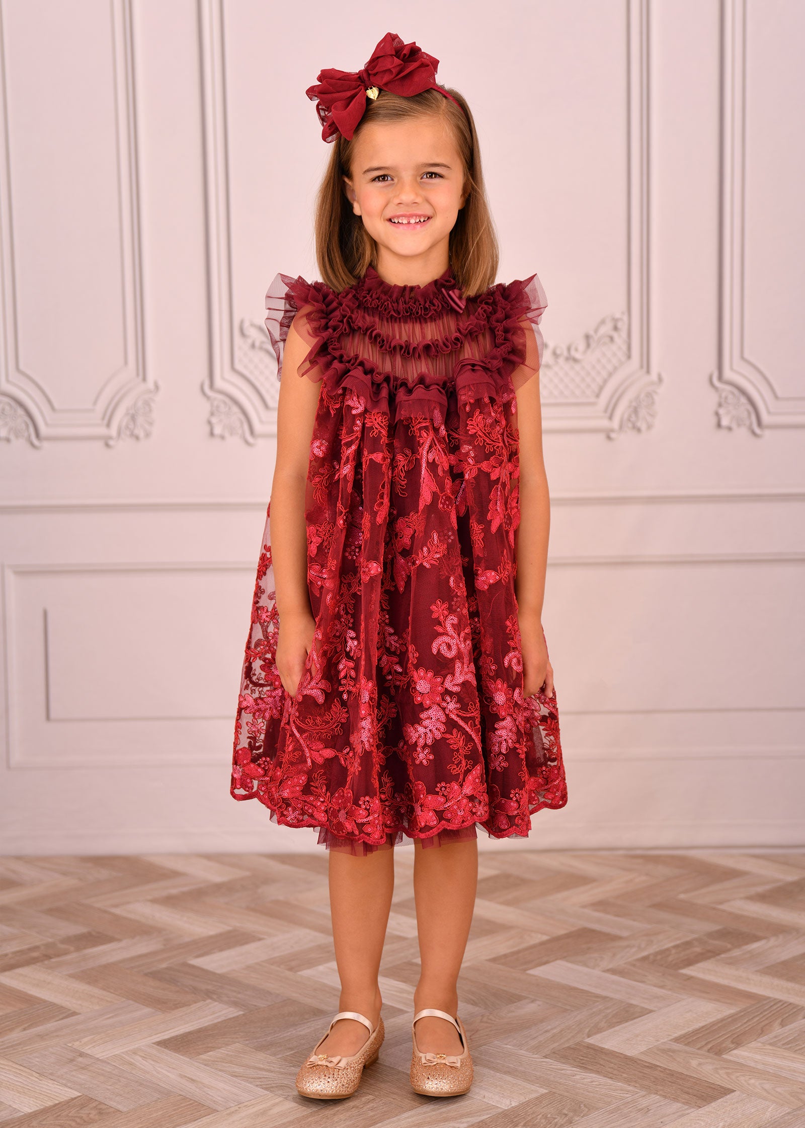 Dominique Flower Embroidery Dress Burgundy