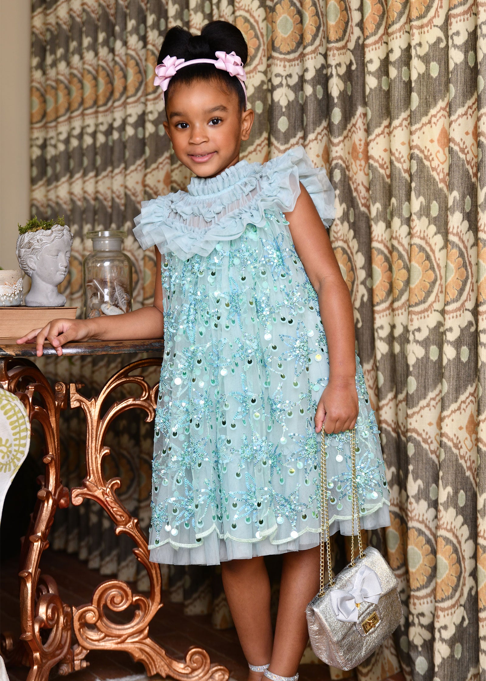 Dominique Flower Sequin Dress Duck Egg