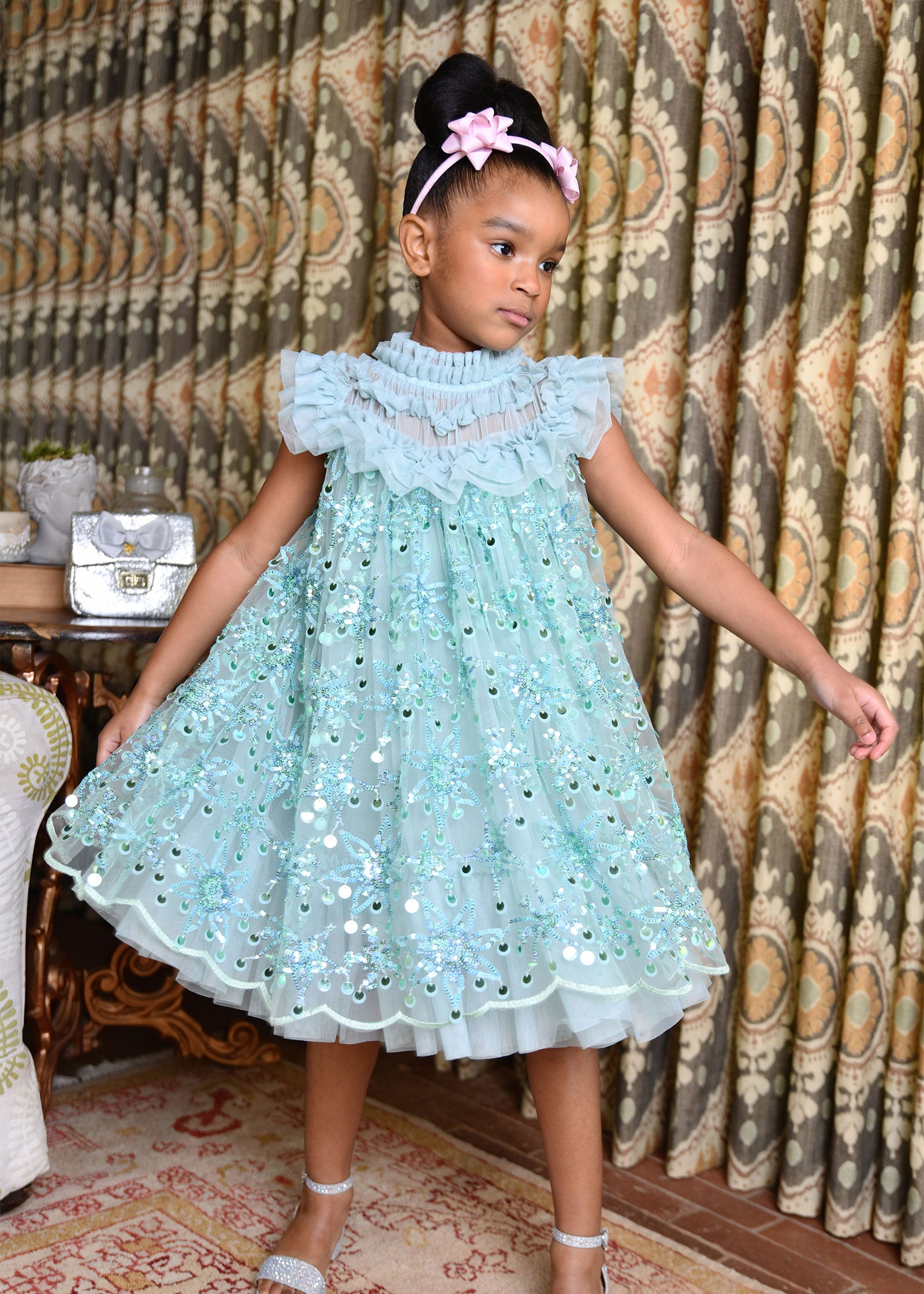 Dominique Flower Sequin Dress Duck Egg