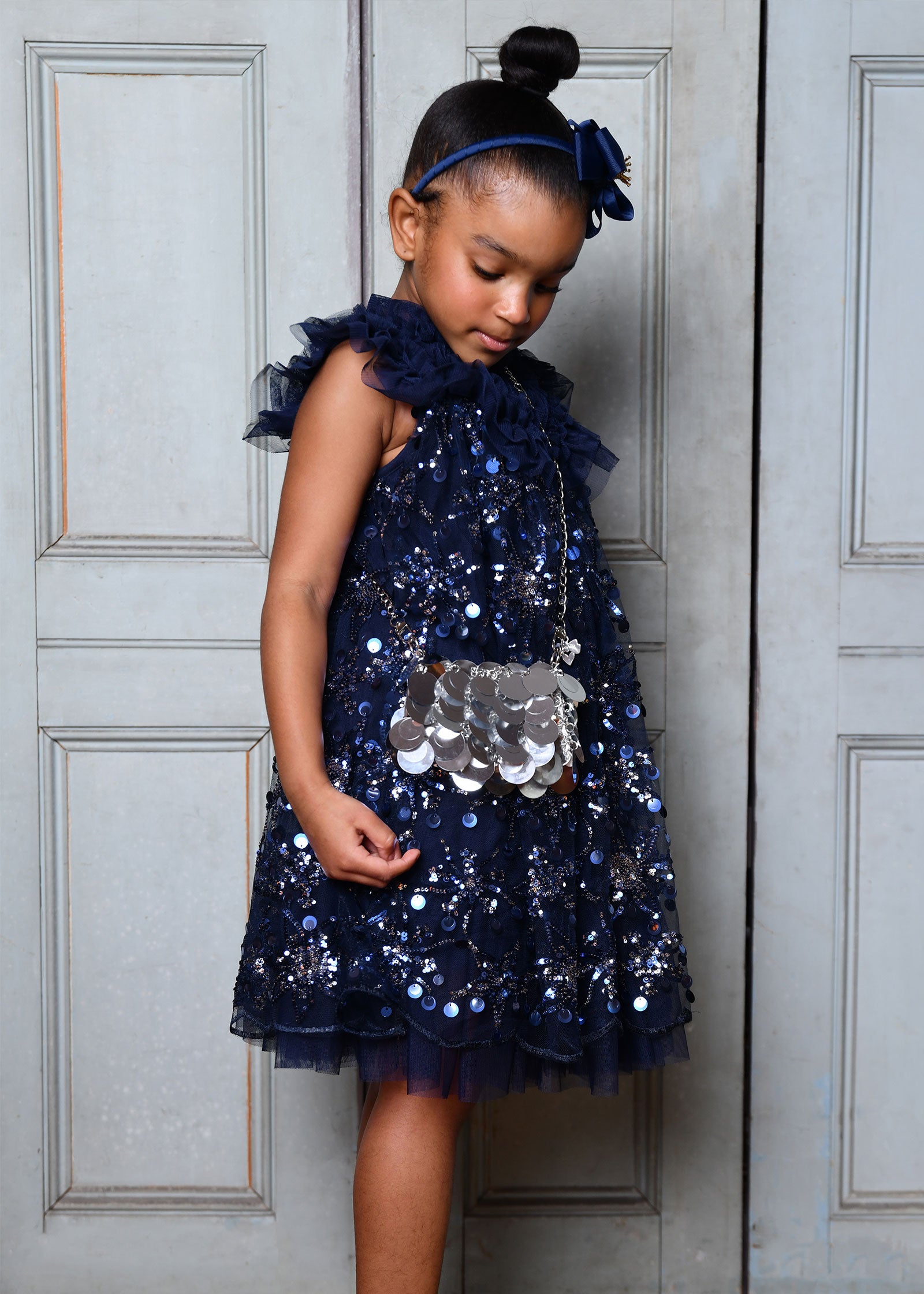 Dominique Flower Sequin Dress Navy
