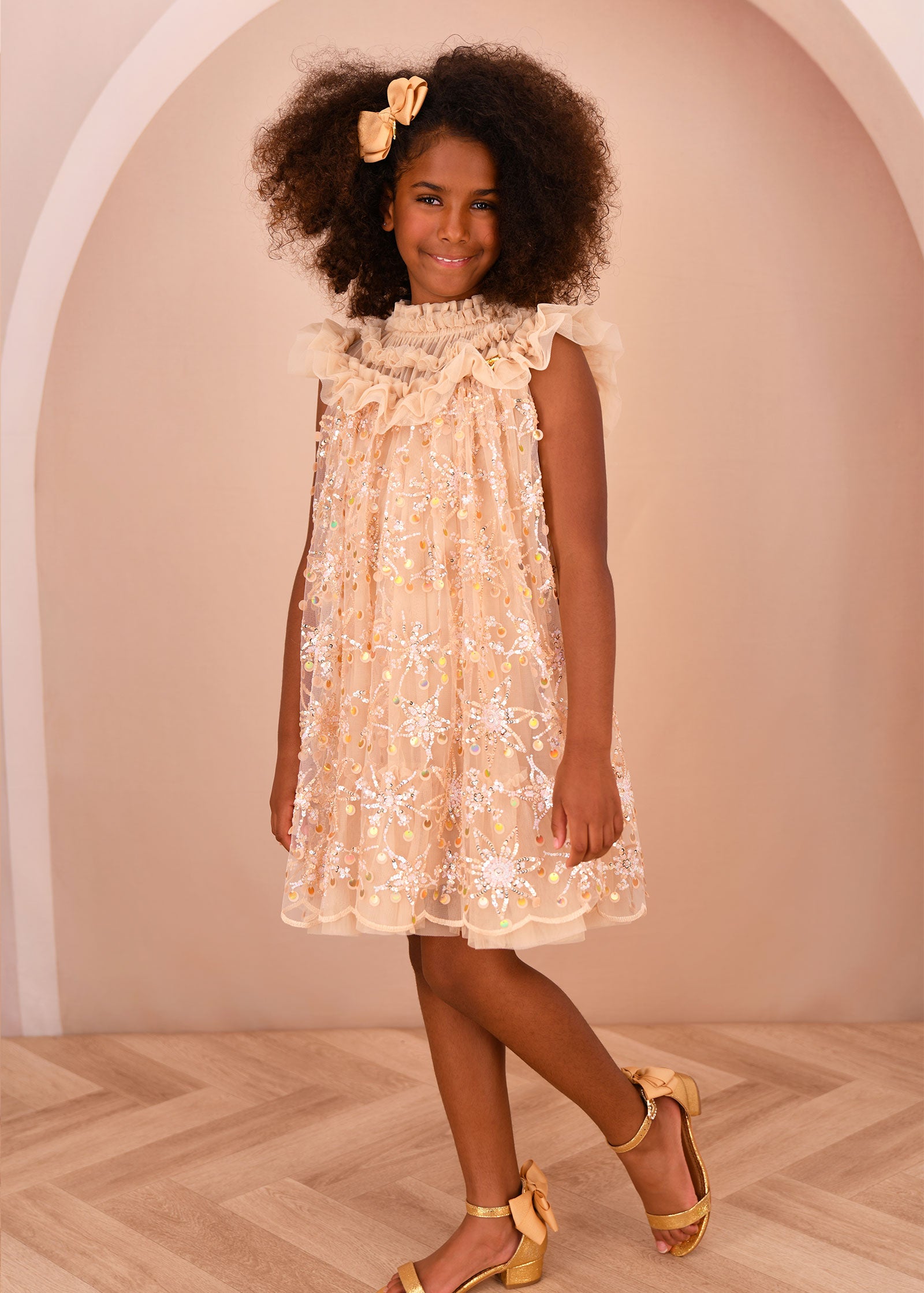 Dominique Flower Sequin Dress Gold