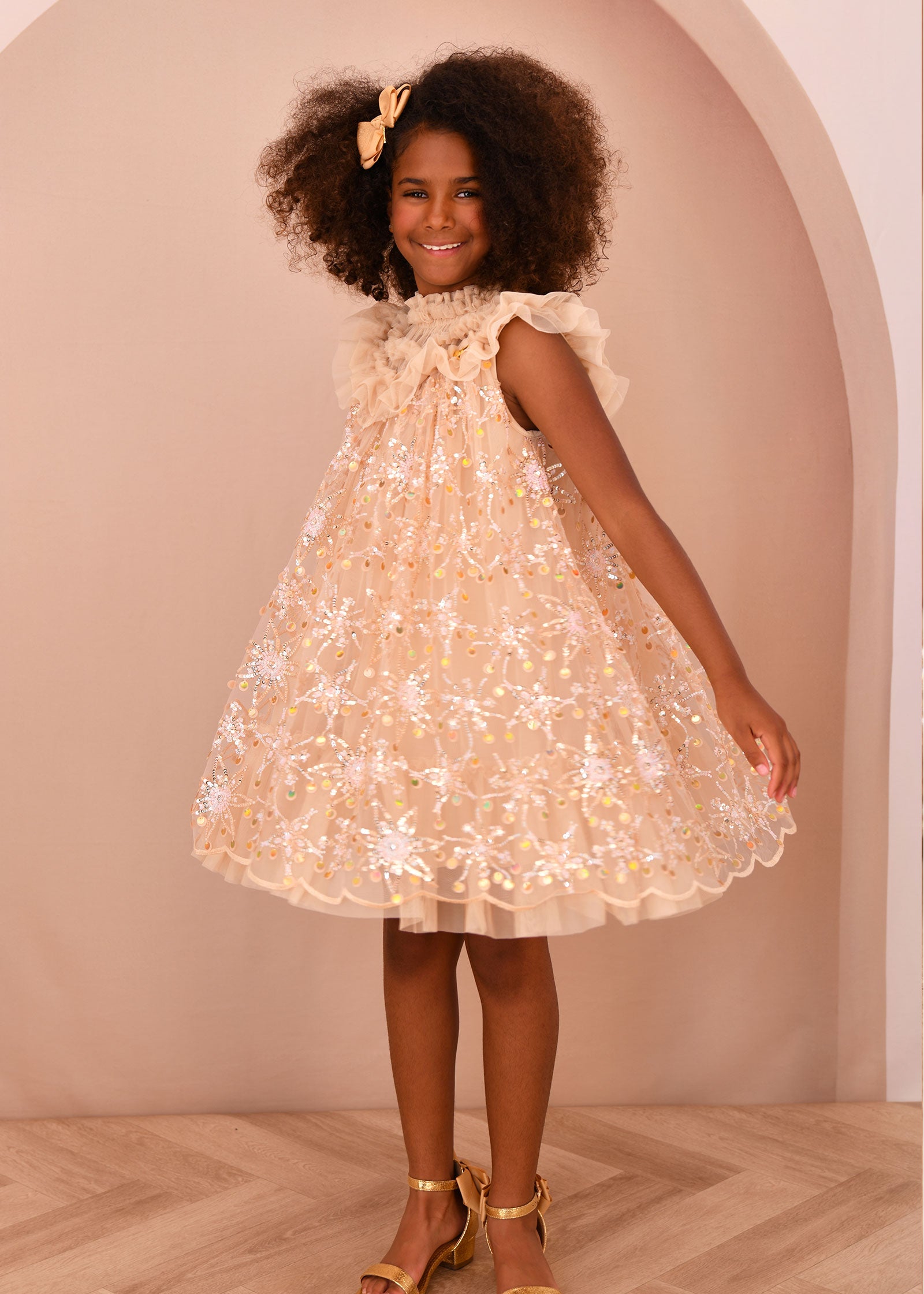Dominique Flower Sequin Dress Gold