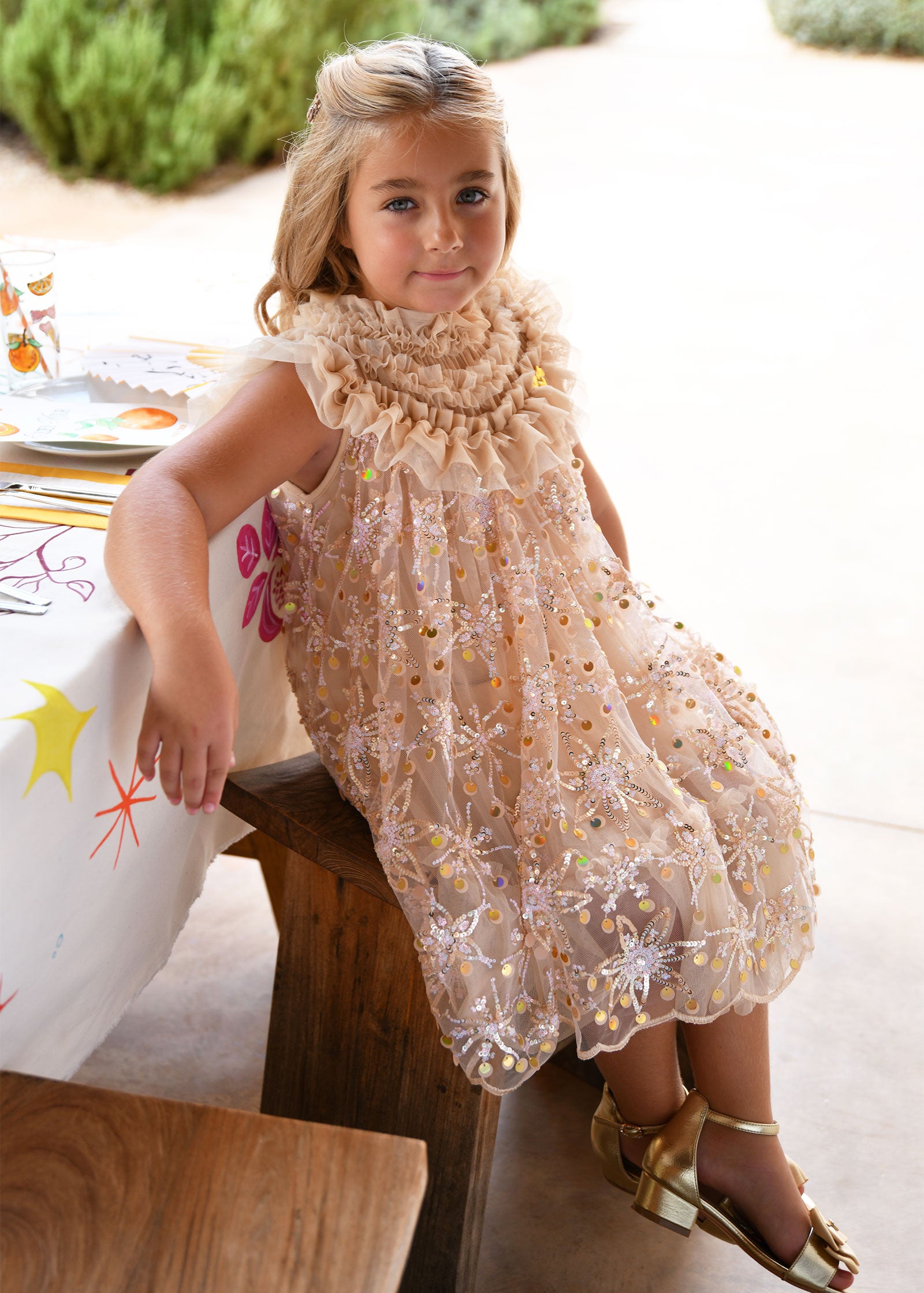 Angel's Face - Dominique Flower Sequin Dress Gold - Designer Children's Clothing Angel's Face - Dominique Flower Sequin Dress Gold - Designer Children's Clothing