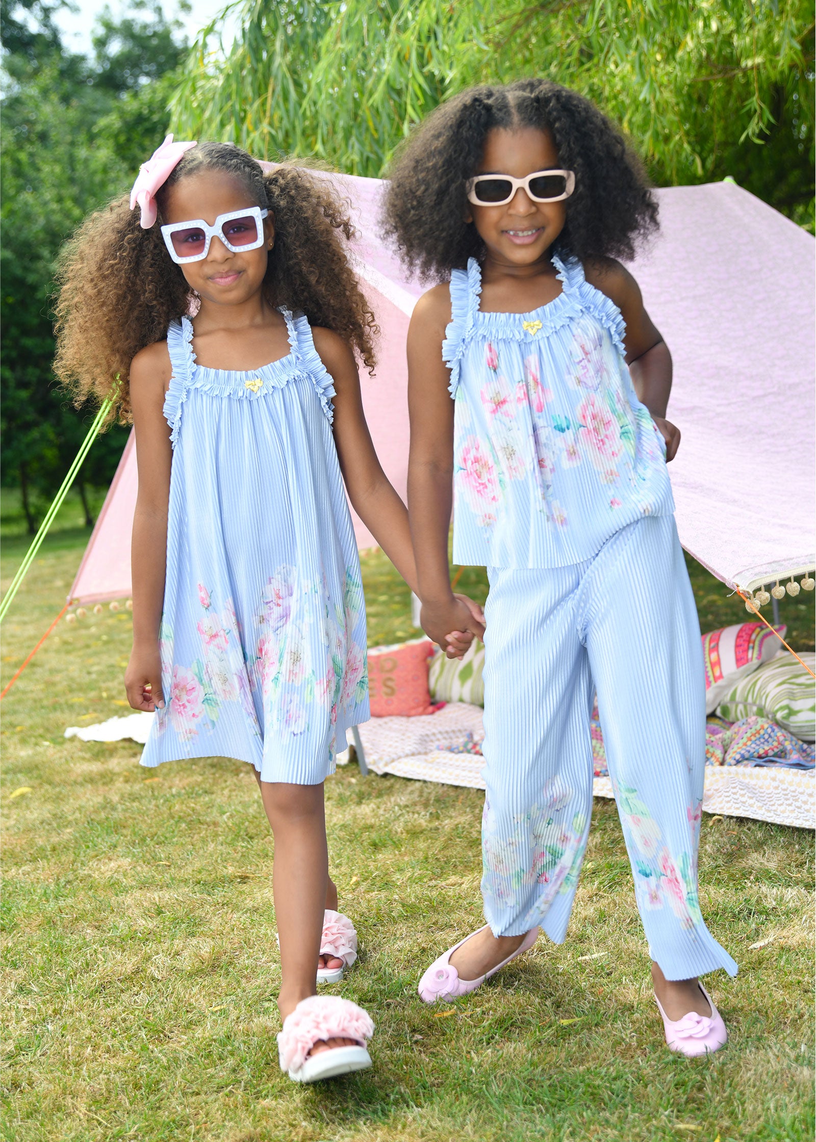 Fortuna Boarder Print Pleated Dress Pretty Blue