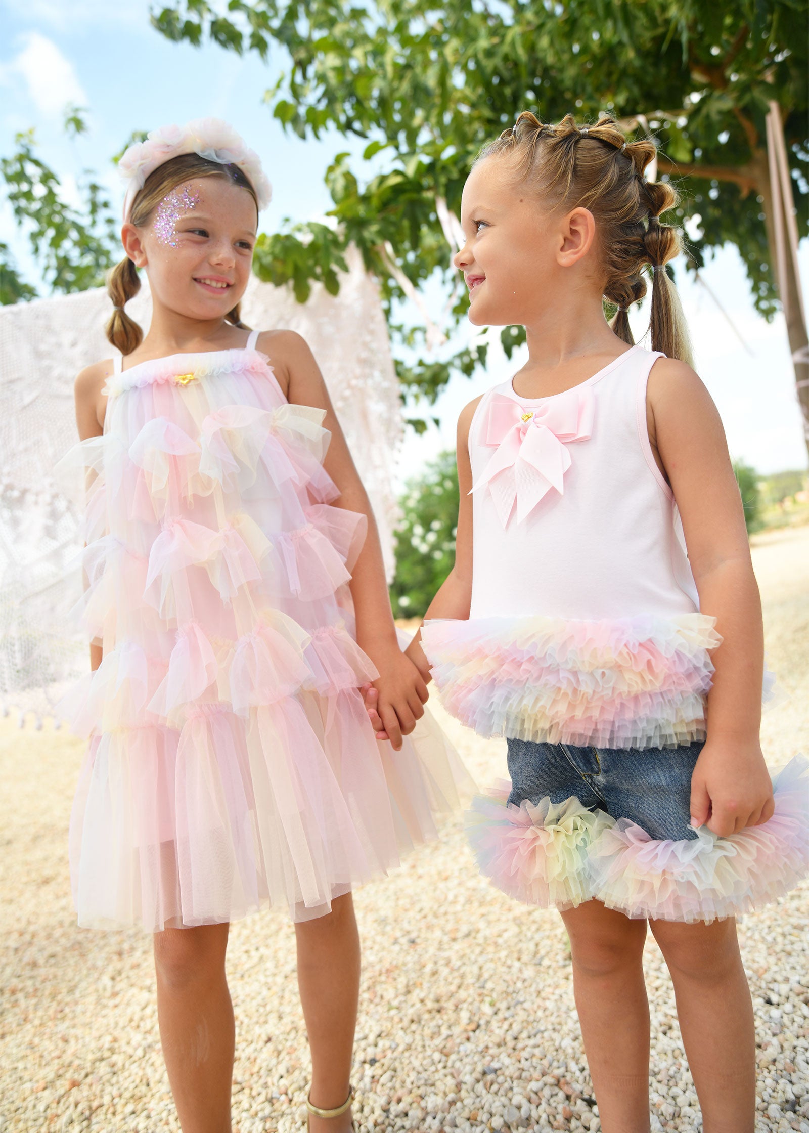 Renata Rainbow Tulle Trim Top Pale Pink