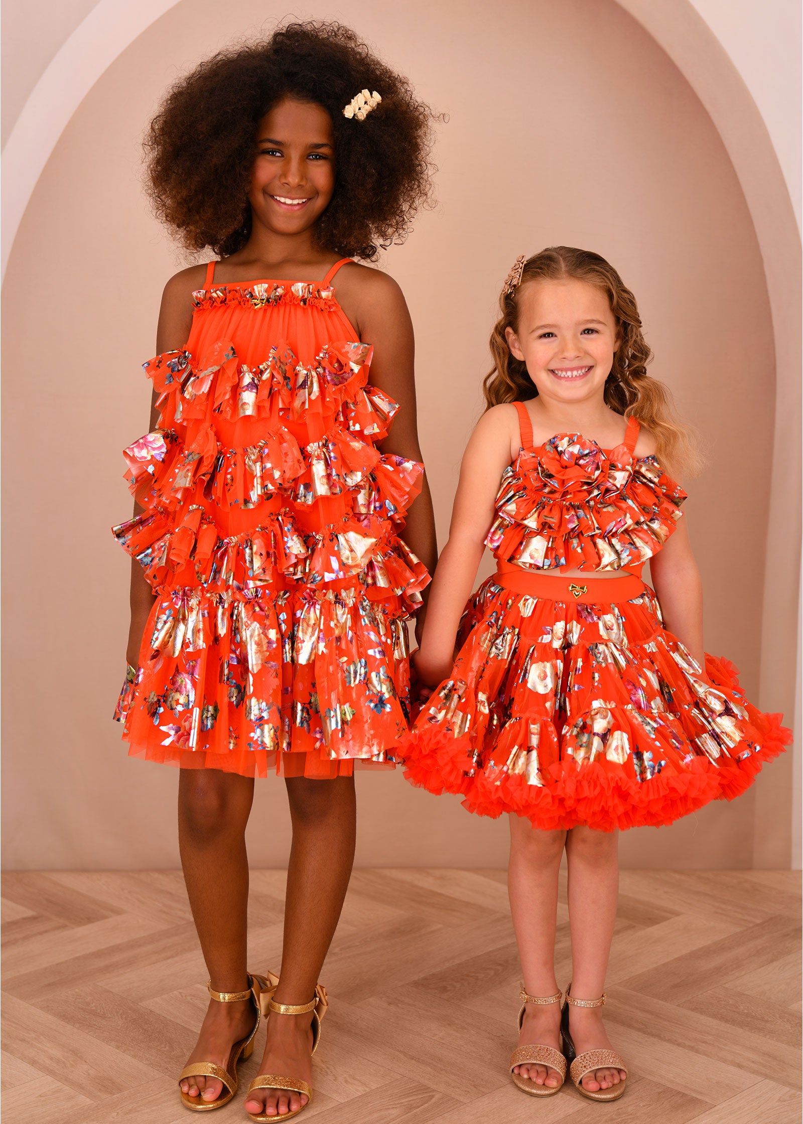 Remi Floral Print Ruffle Dress Tangerine