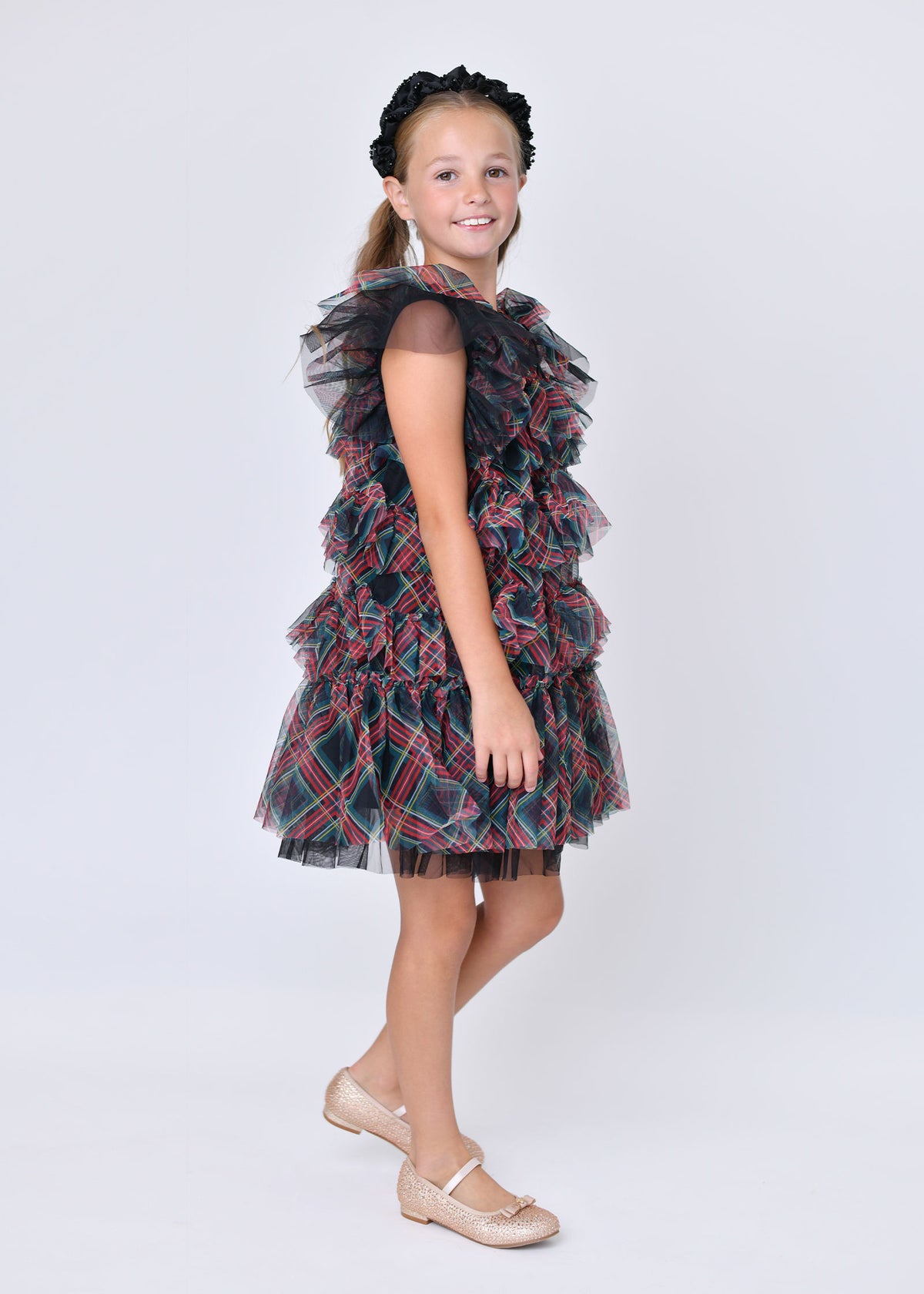 Etta Tartan Tiered Dress Black