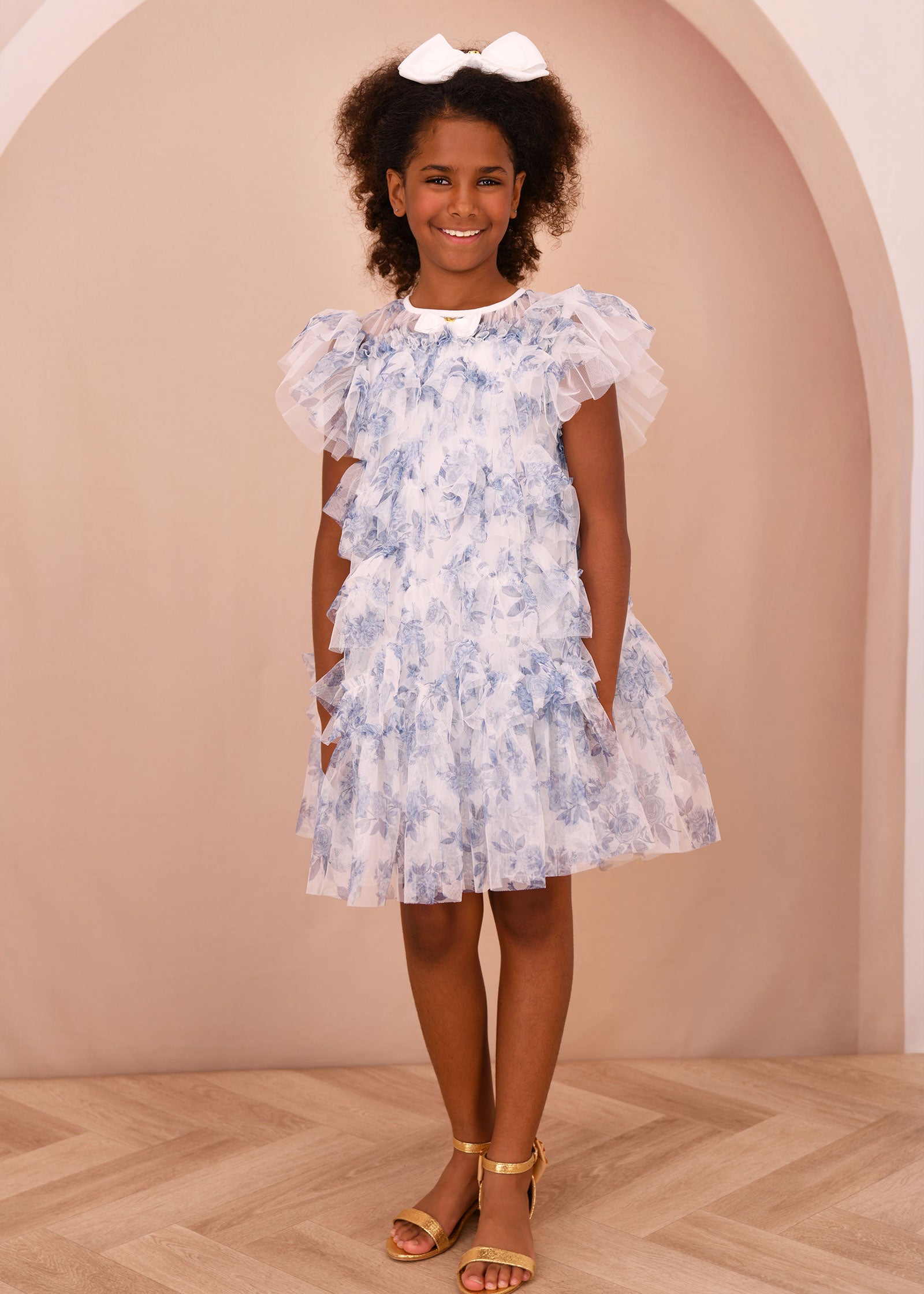 Etta Printed Tiered Tulle Dress Snowdrop/Blue