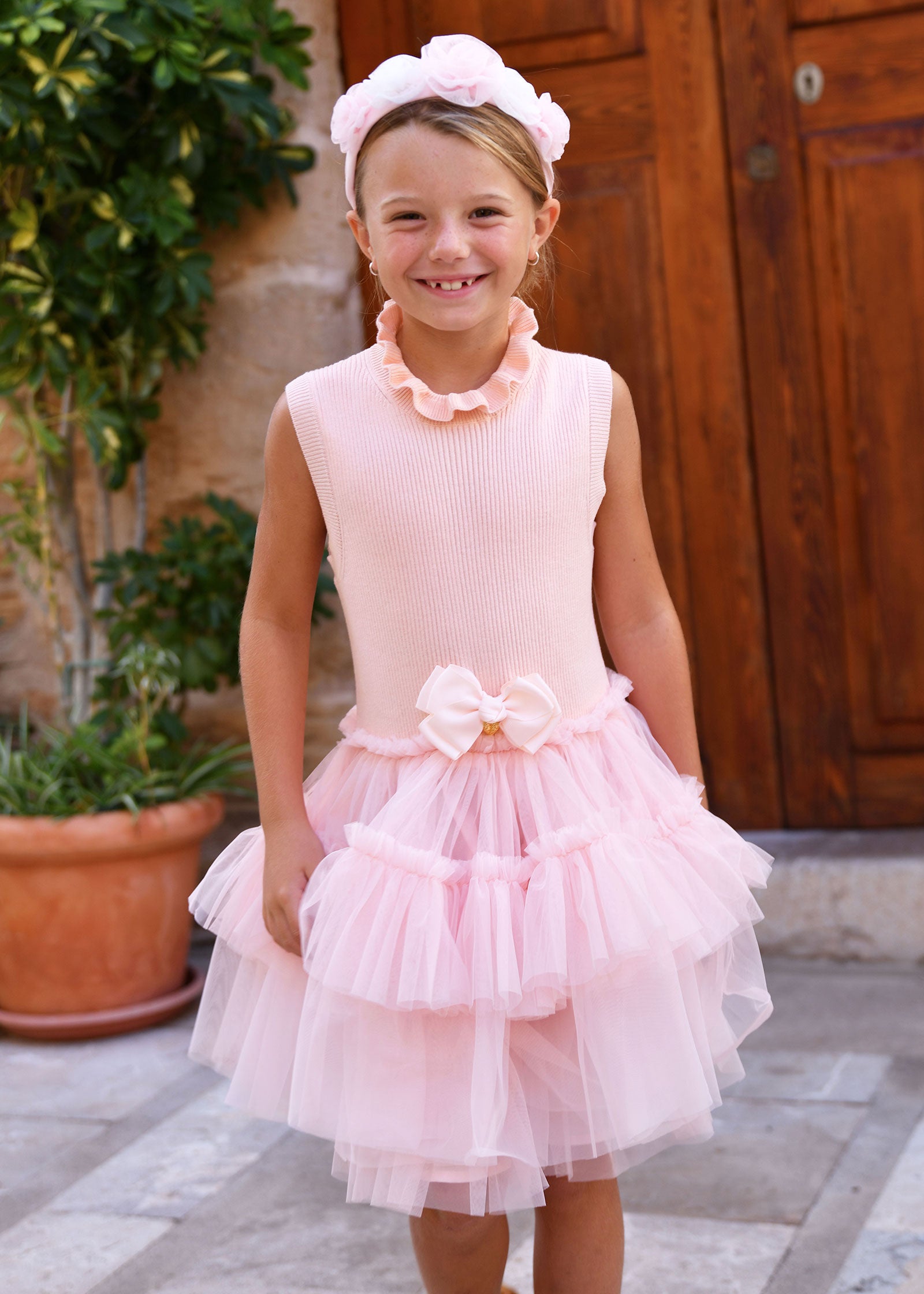 Eunice Sleeveless Knit With Tulle Dress Peach