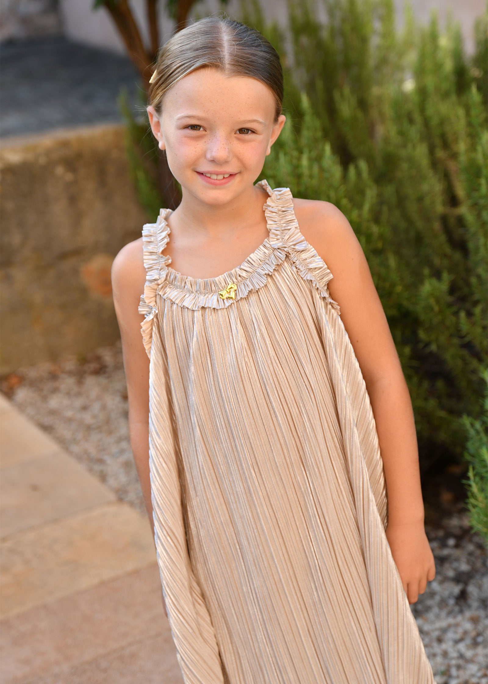 Fortuna Metallic Pleated Dress Champagne