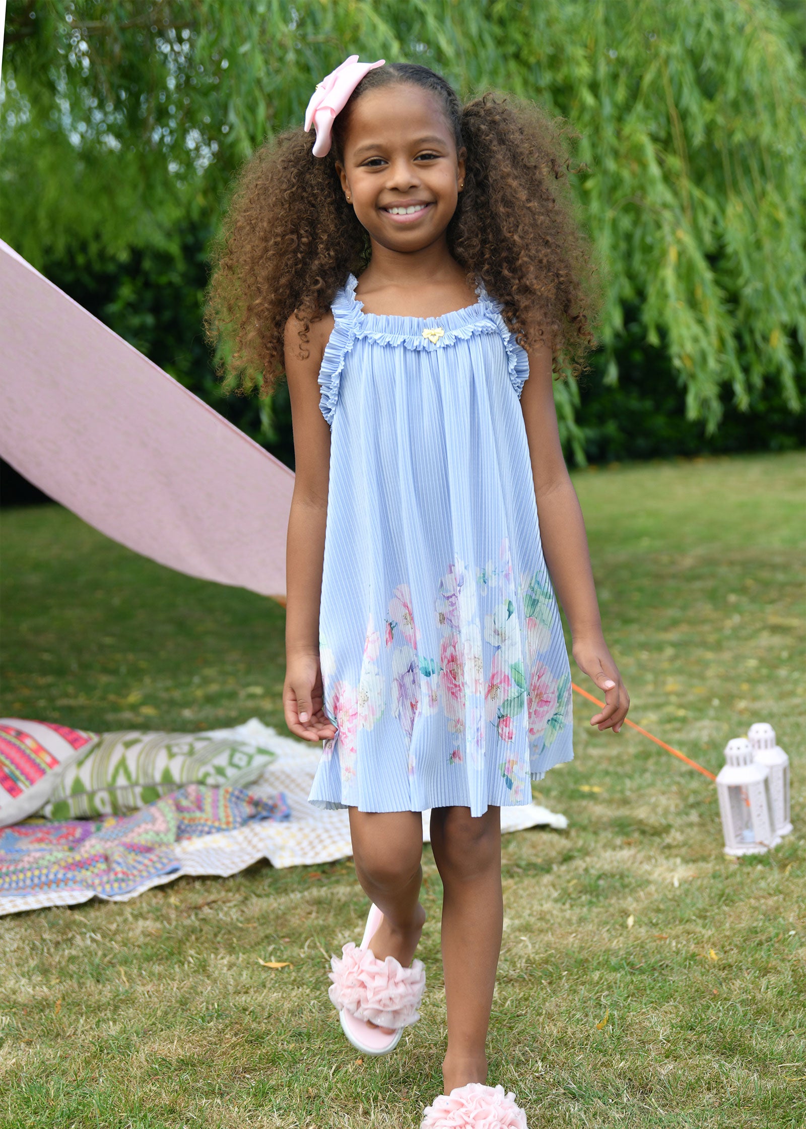 Fortuna Boarder Print Pleated Dress Pretty Blue