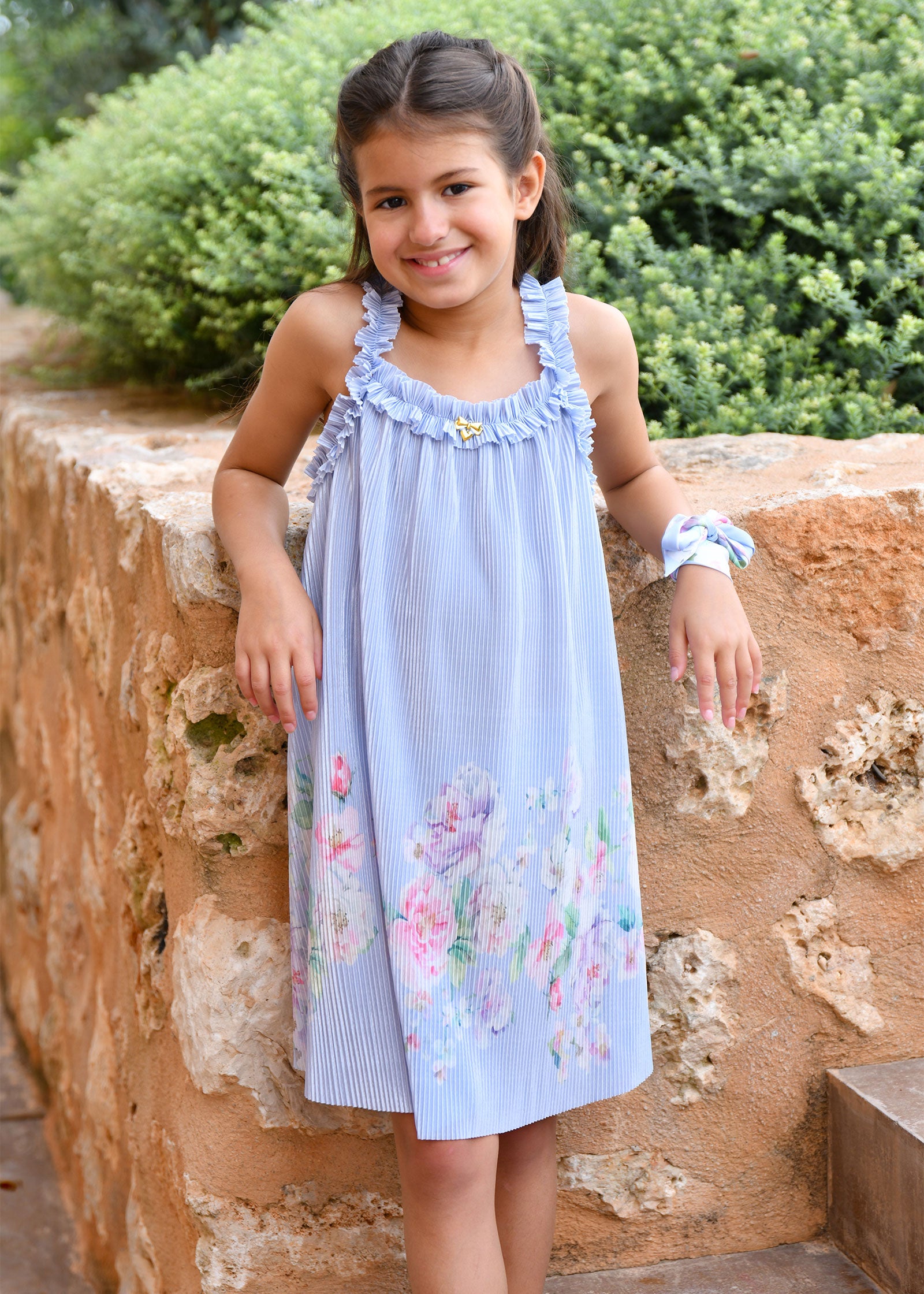 Fortuna Boarder Print Pleated Dress Pretty Blue