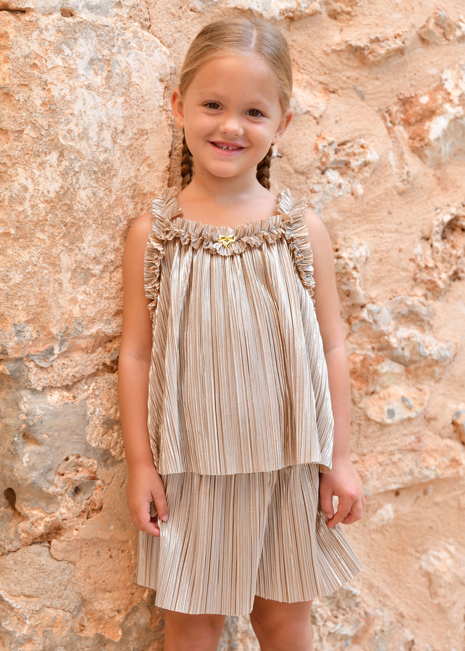 Fortuna Metallic Pleated Top Champagne