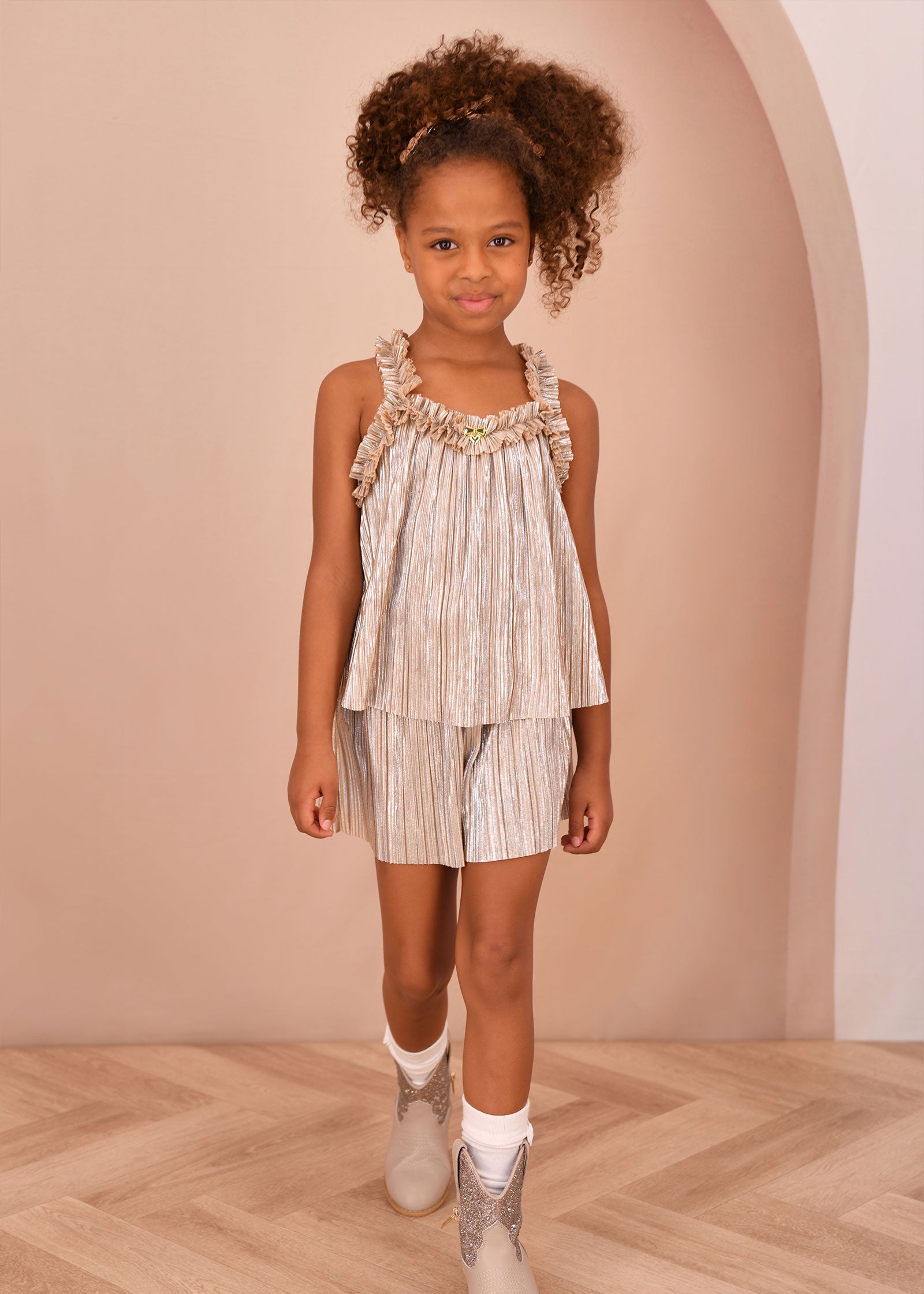 Fortuna Metallic Pleated Shorts Champagne