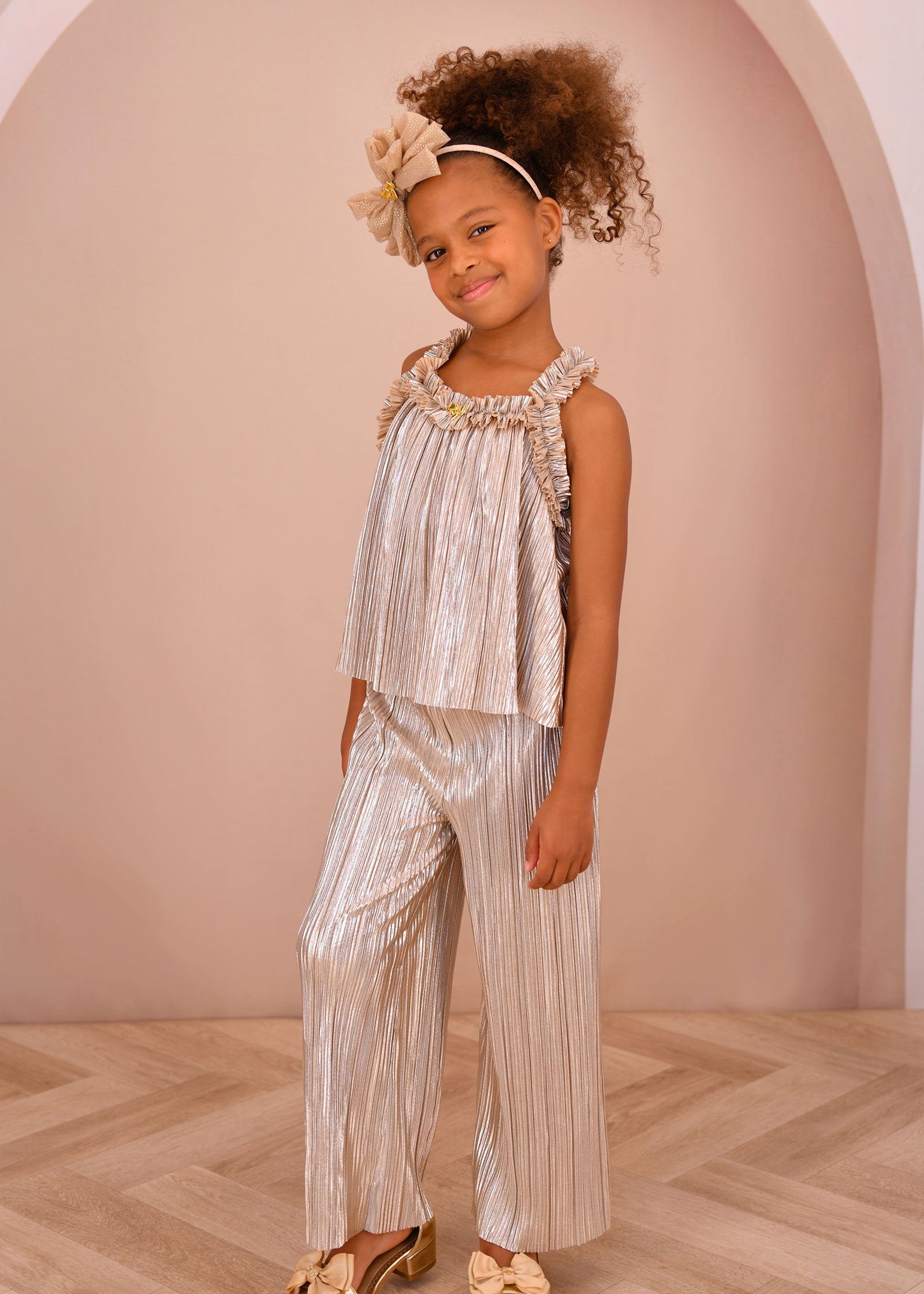 Fortuna Metallic Pleated Top Champagne