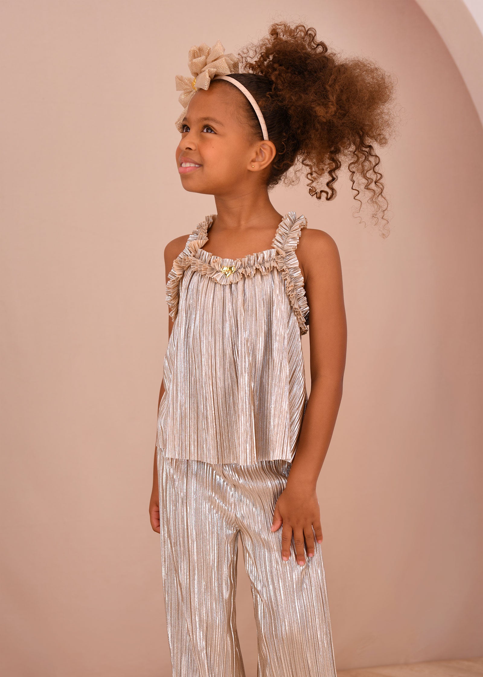 Fortuna Metallic Pleated Top Champagne