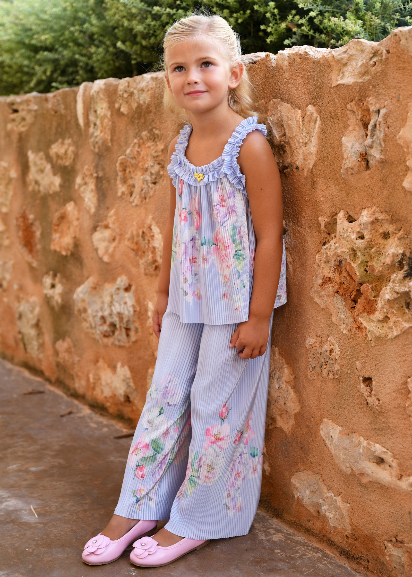 Fortuna Boarder Print Pleated Top Pretty Blue