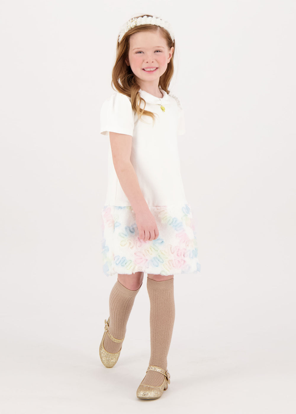 Frances Pastel Fur Trim Dress Snowdrop