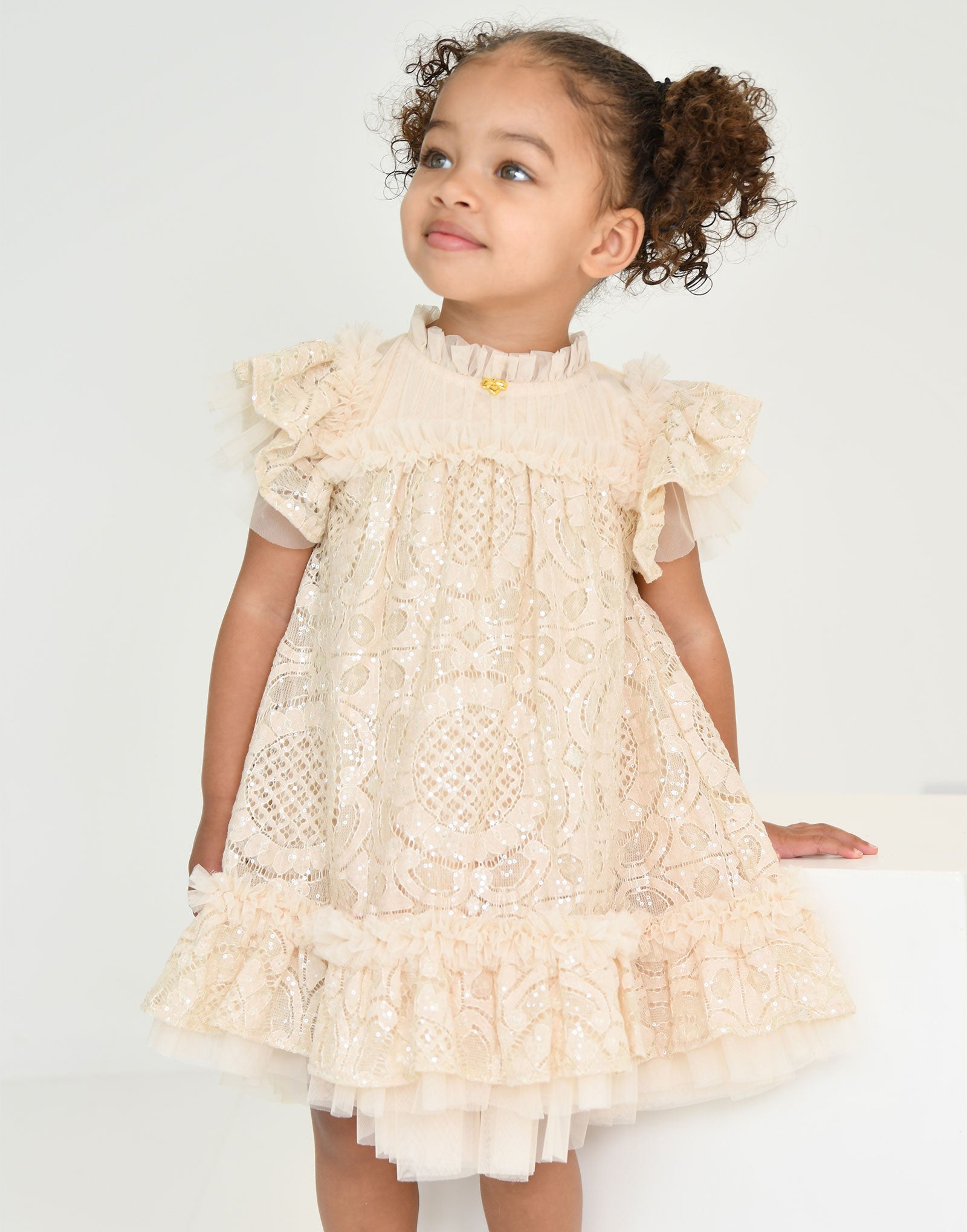 Gemma Sequin Lace Baby Dress Biscuit