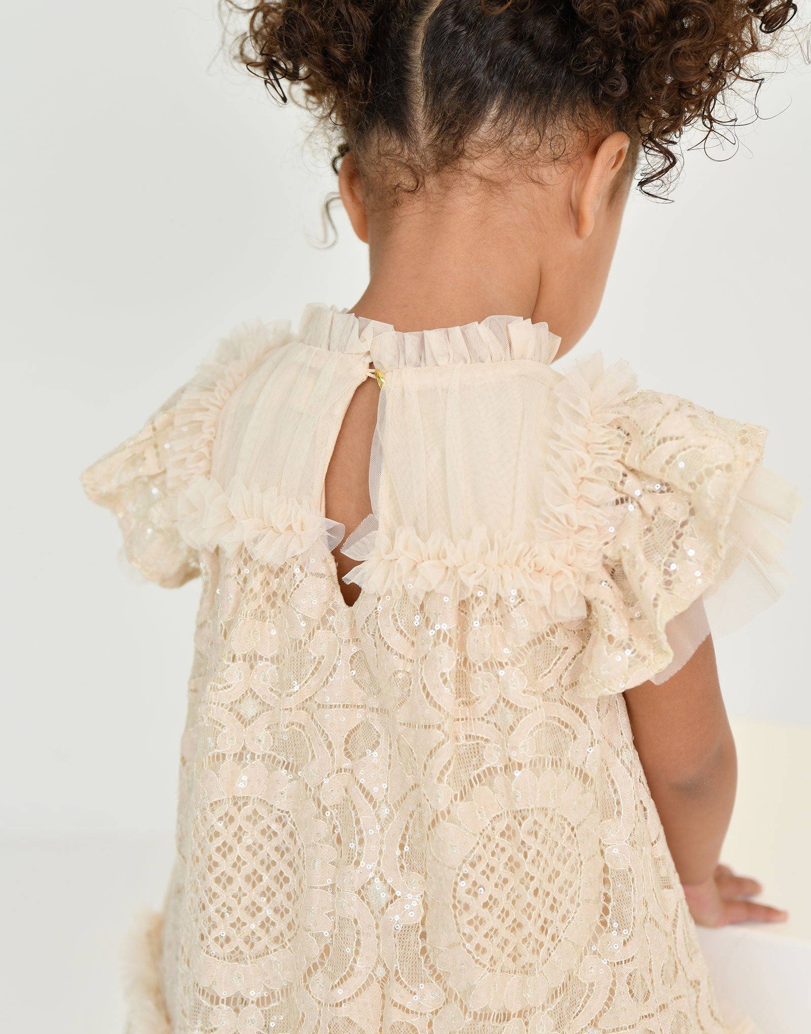 Gemma Sequin Lace Baby Dress Biscuit