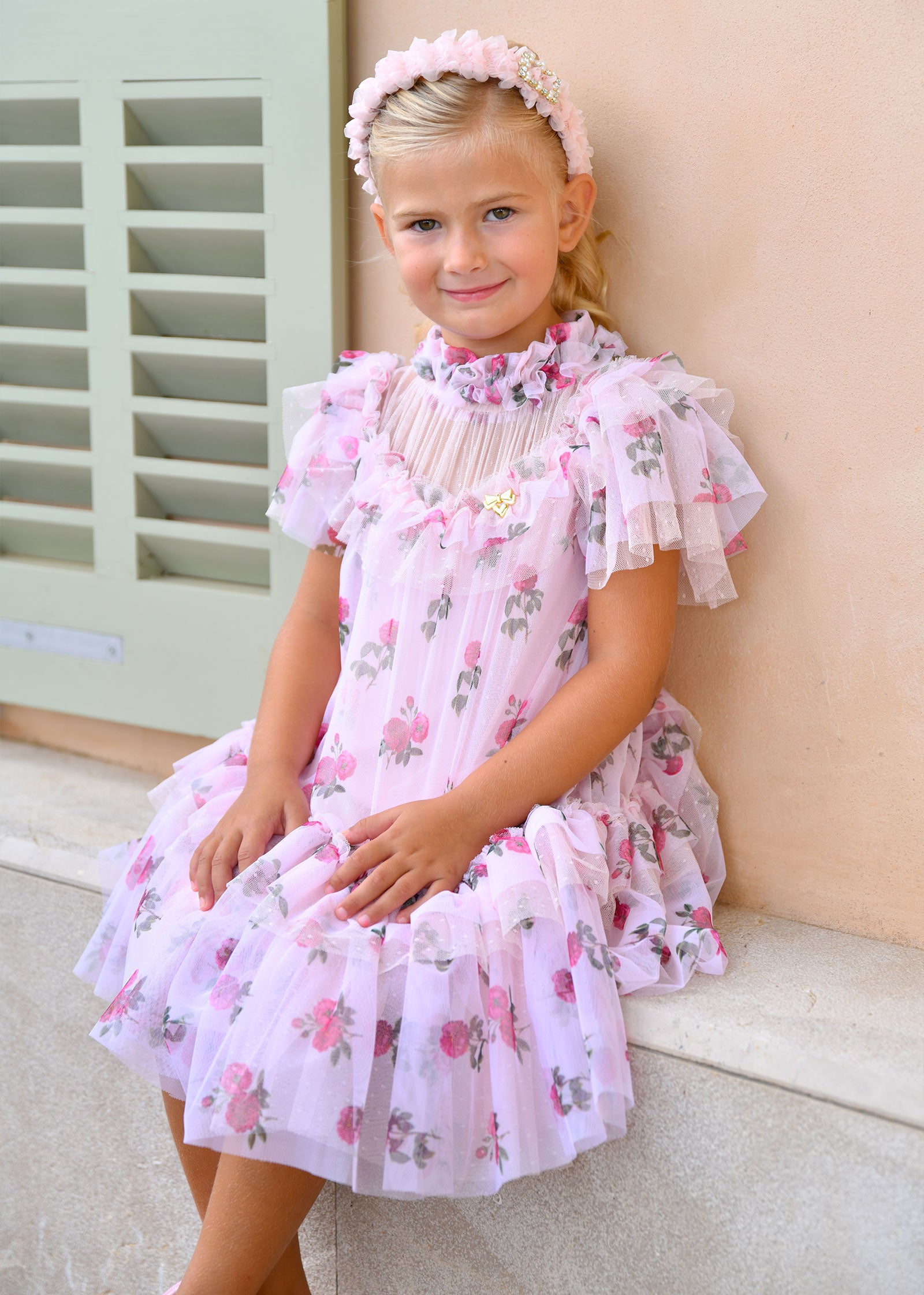 Georgette Flower Tulle Dress Pale Pink