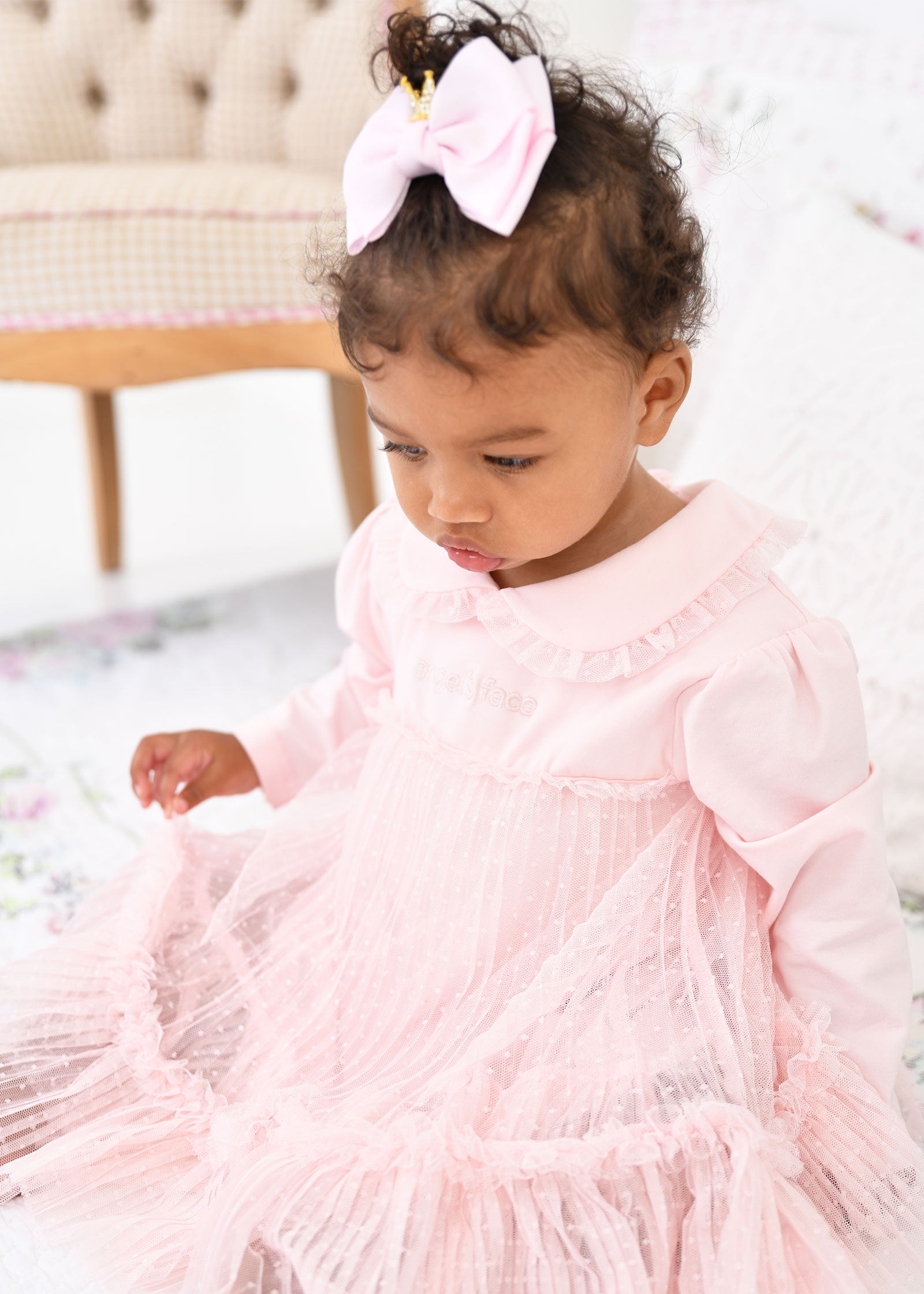 Hallie Spotted Tulle Baby Dress Pale Pink