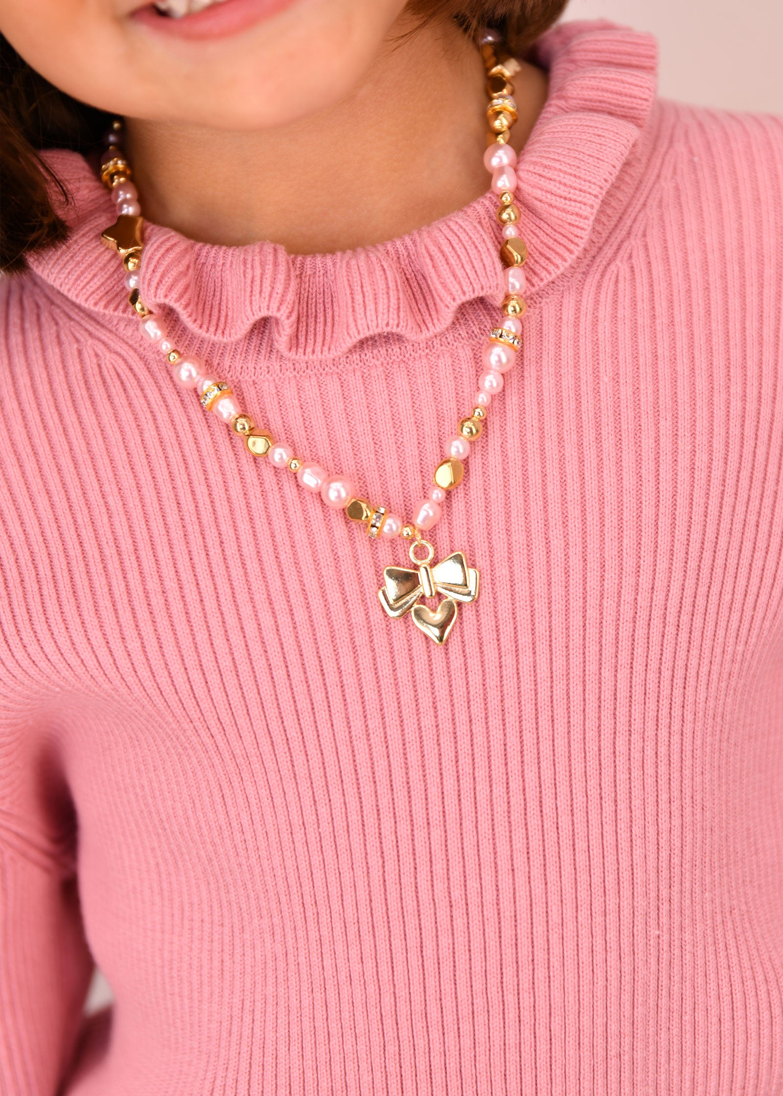 Heart and Pearl Necklace Pink/Gold
