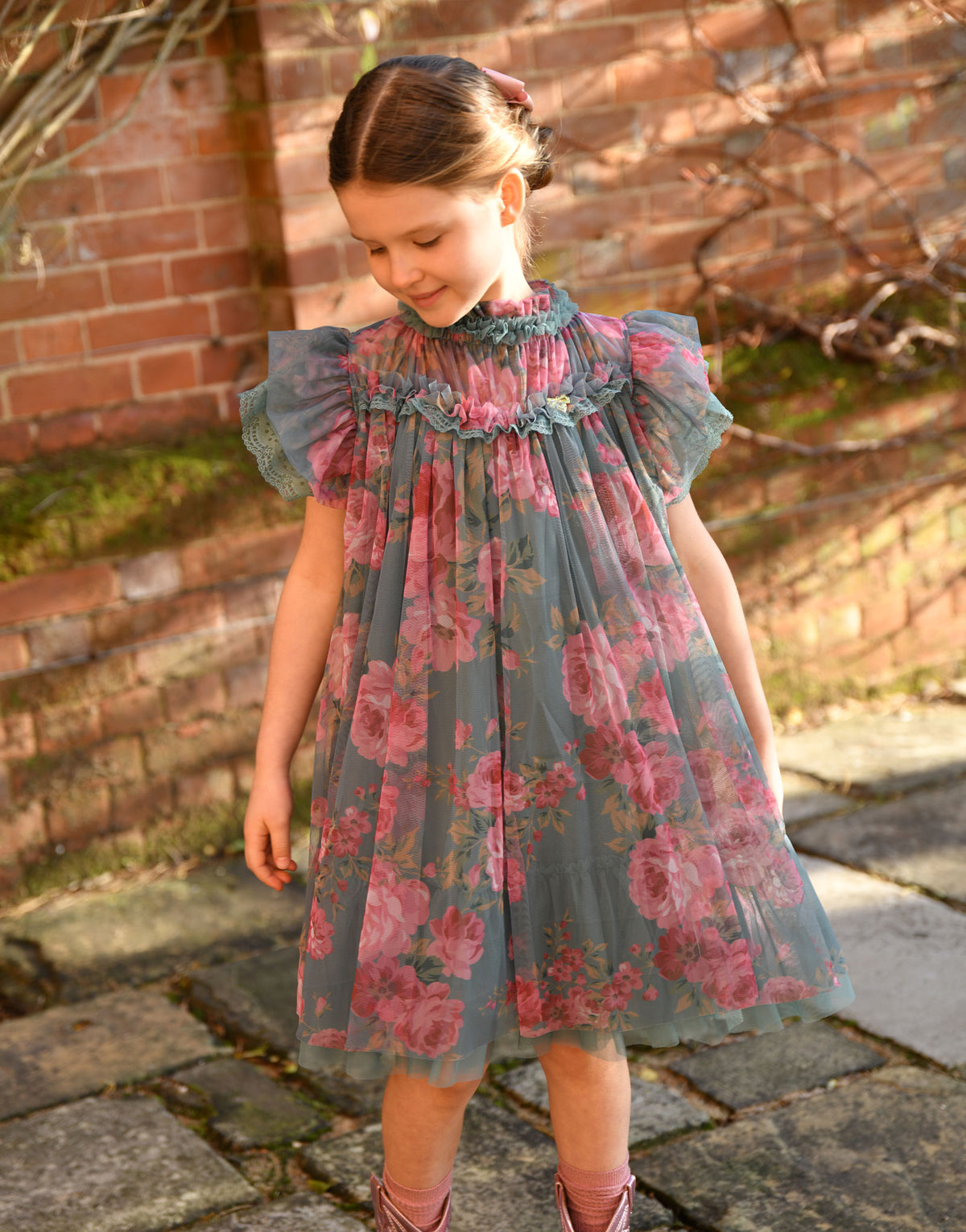 Hettie Floral And Lace Trim Dress Sage