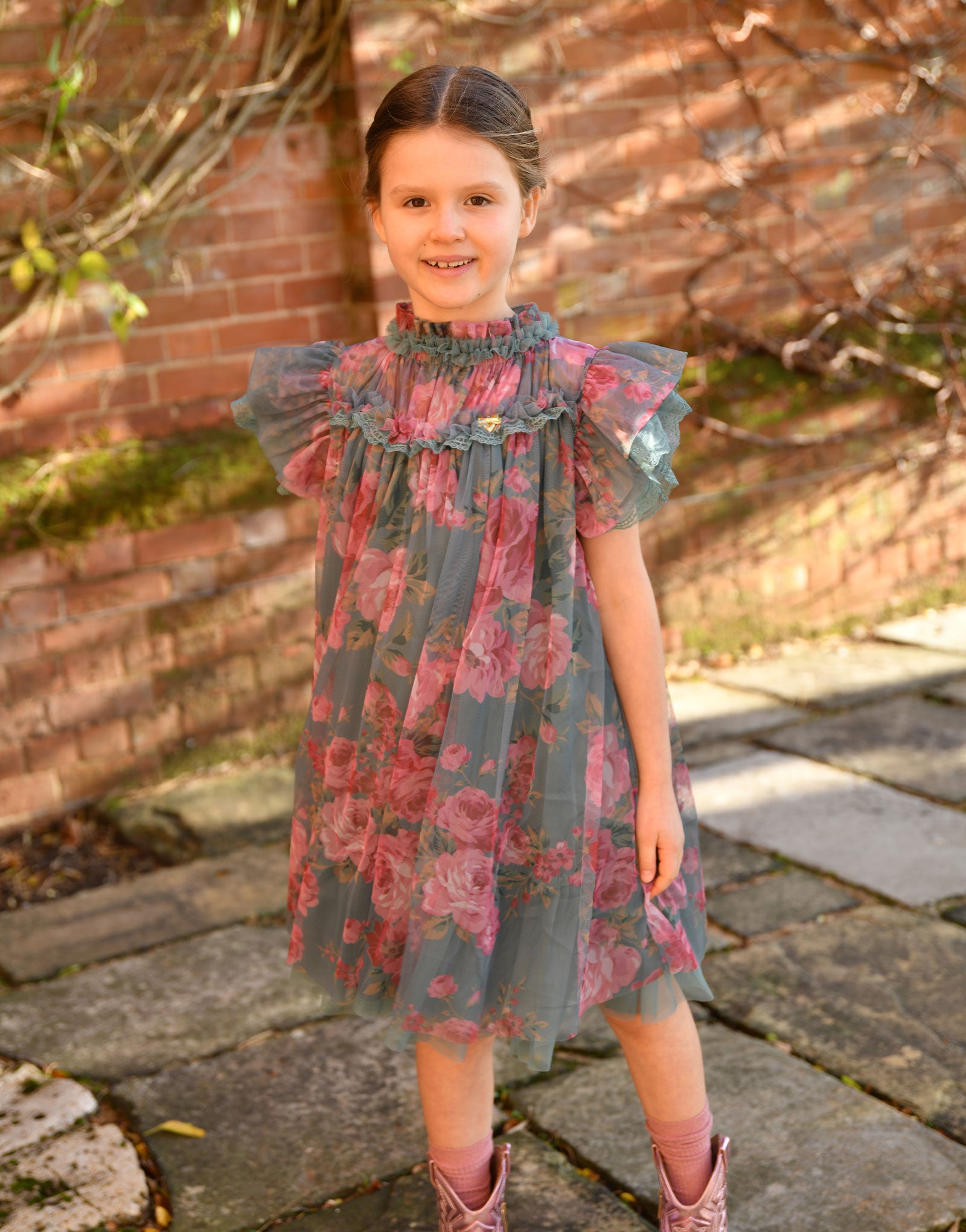 Hettie Floral And Lace Trim Dress Sage