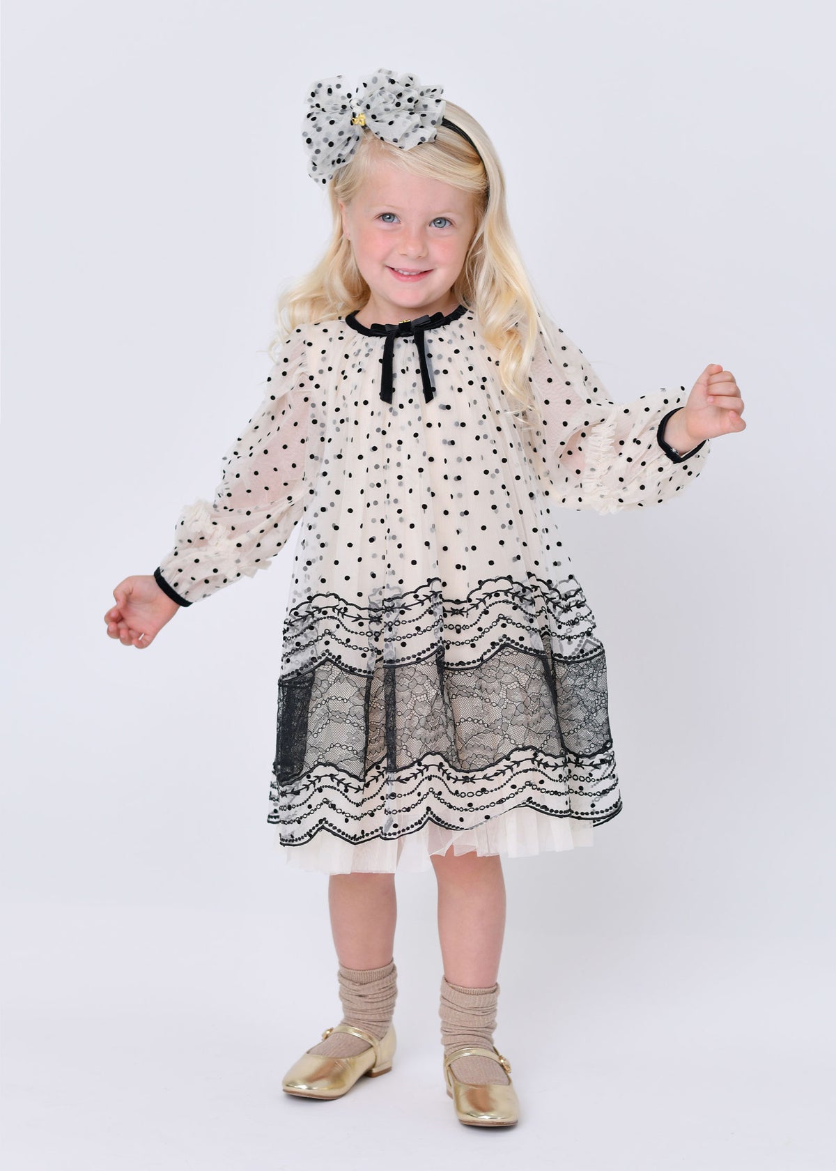 Ivonne L/S Spot And Lace Dress Biscuit
