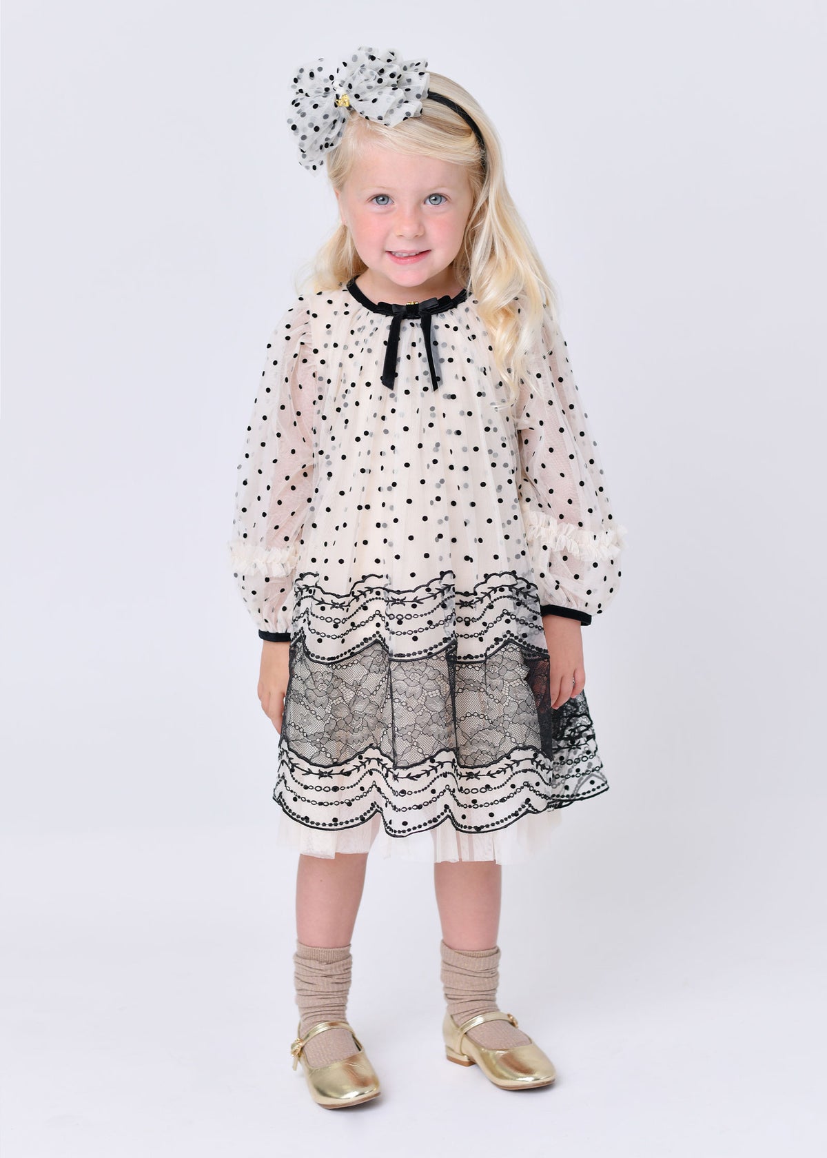 Ivonne L/S Spot And Lace Dress Biscuit