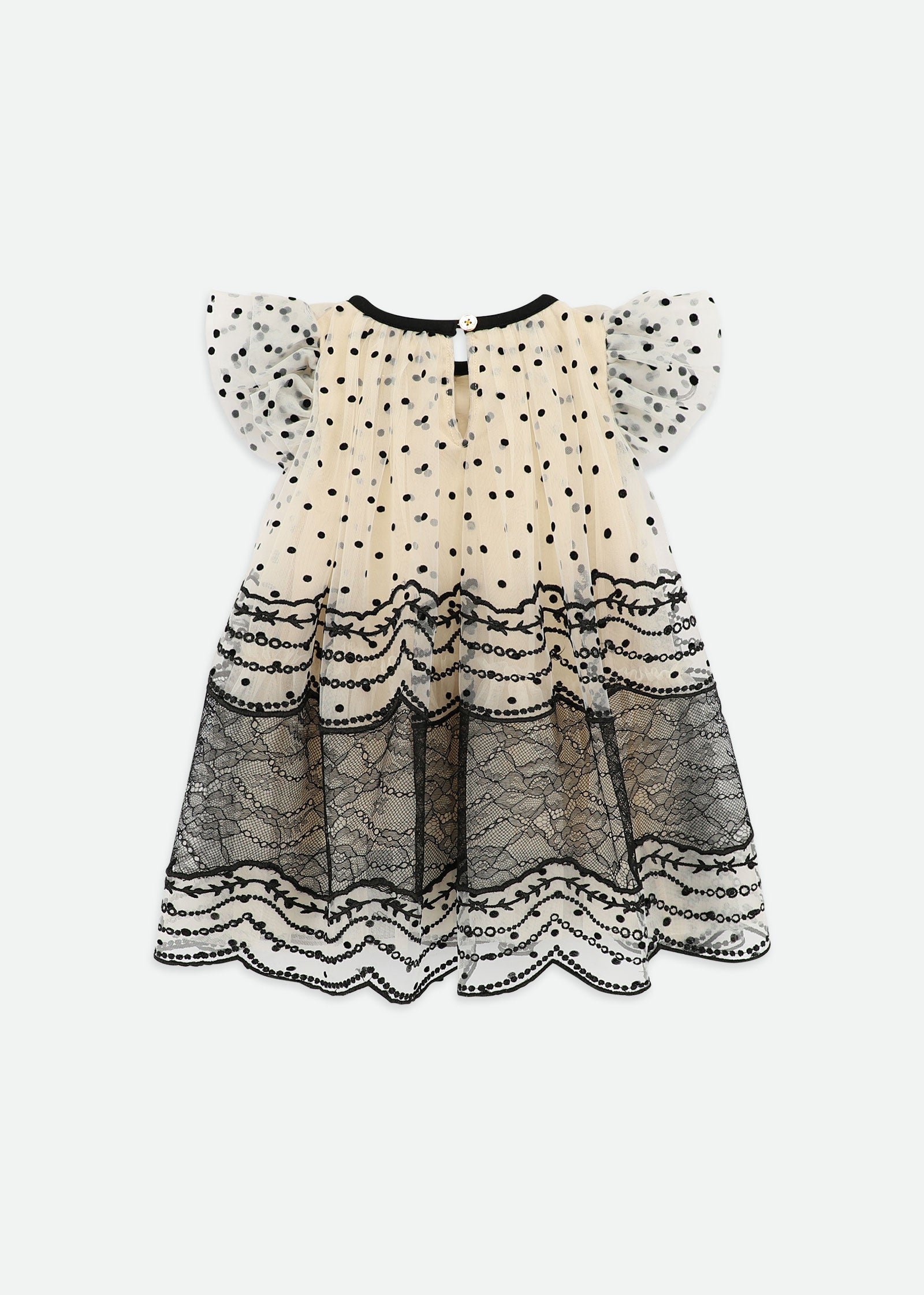 Ivy Spot And Lace Baby Dress Biscuit