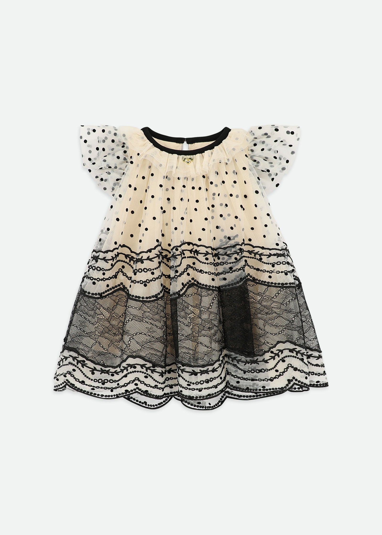 Ivy Spot And Lace Baby Dress Biscuit