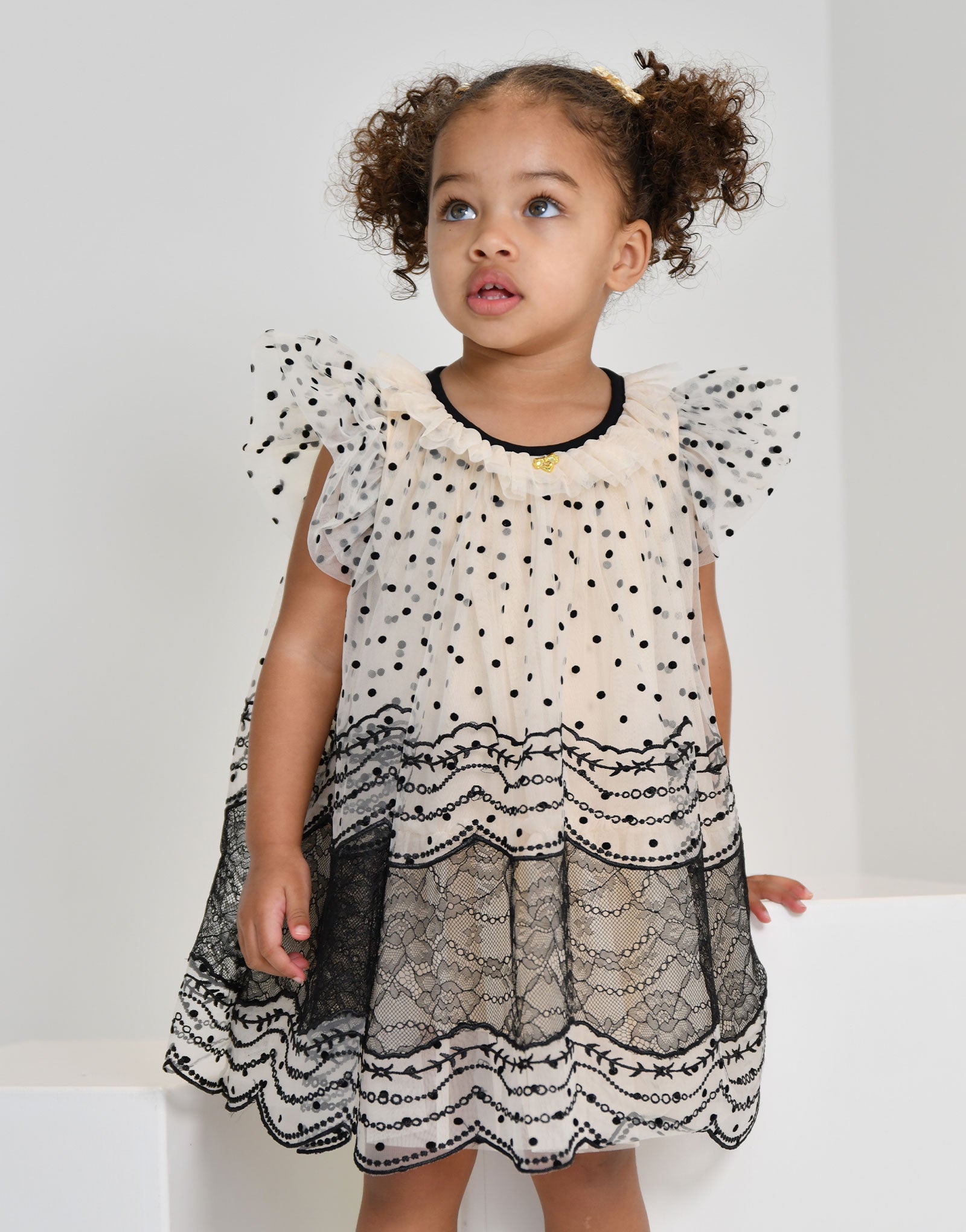 Ivy Spot And Lace Baby Dress Biscuit