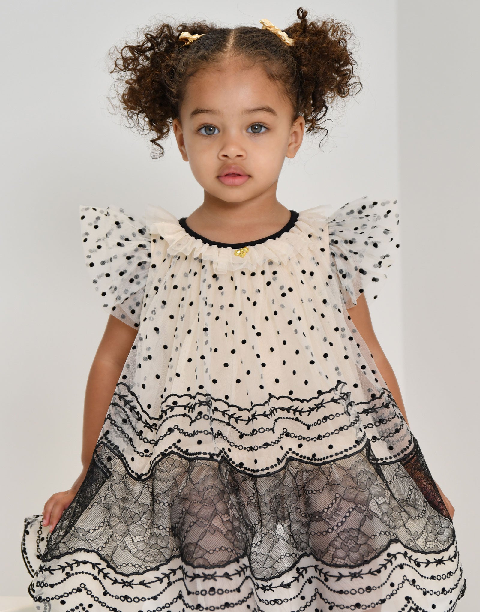 Ivy Spot And Lace Baby Dress Biscuit