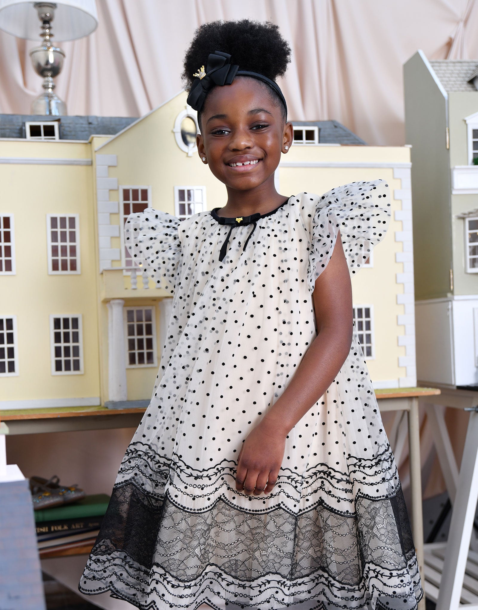 Ivy Spot And Lace Dress Biscuit