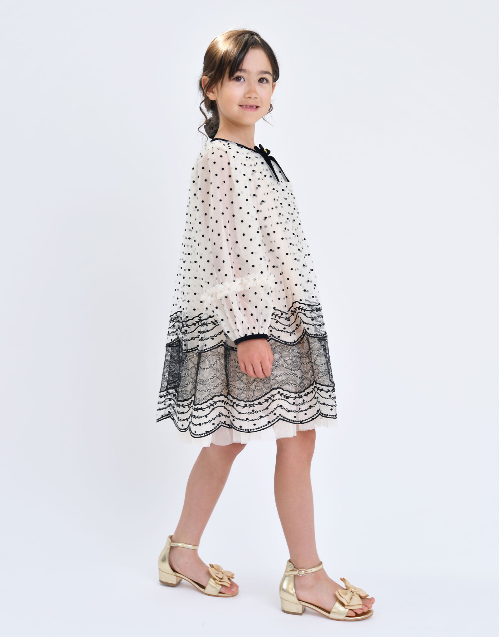 Ivonne L/S Spot And Lace Dress Biscuit
