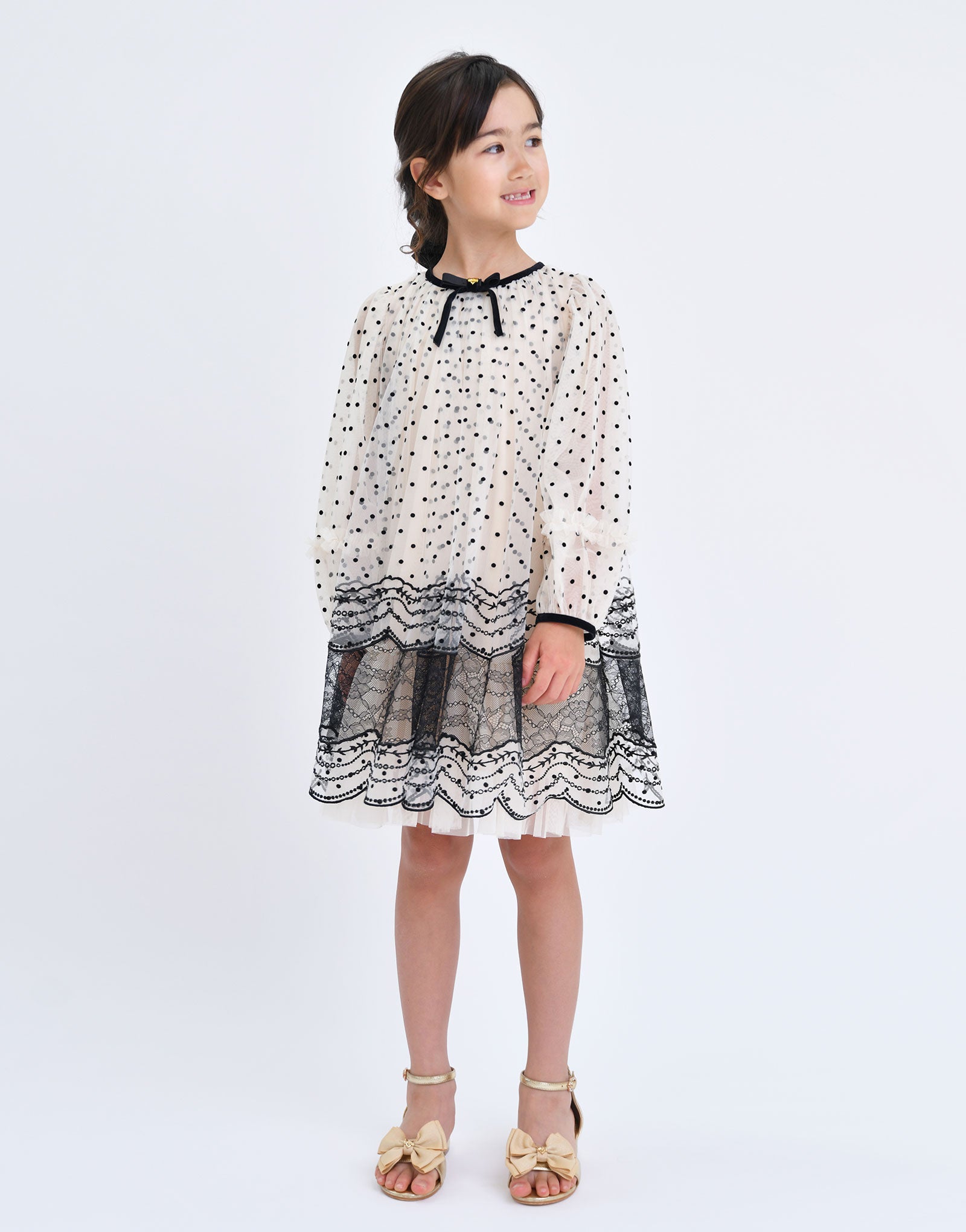 Ivonne L/S Spot And Lace Dress Biscuit