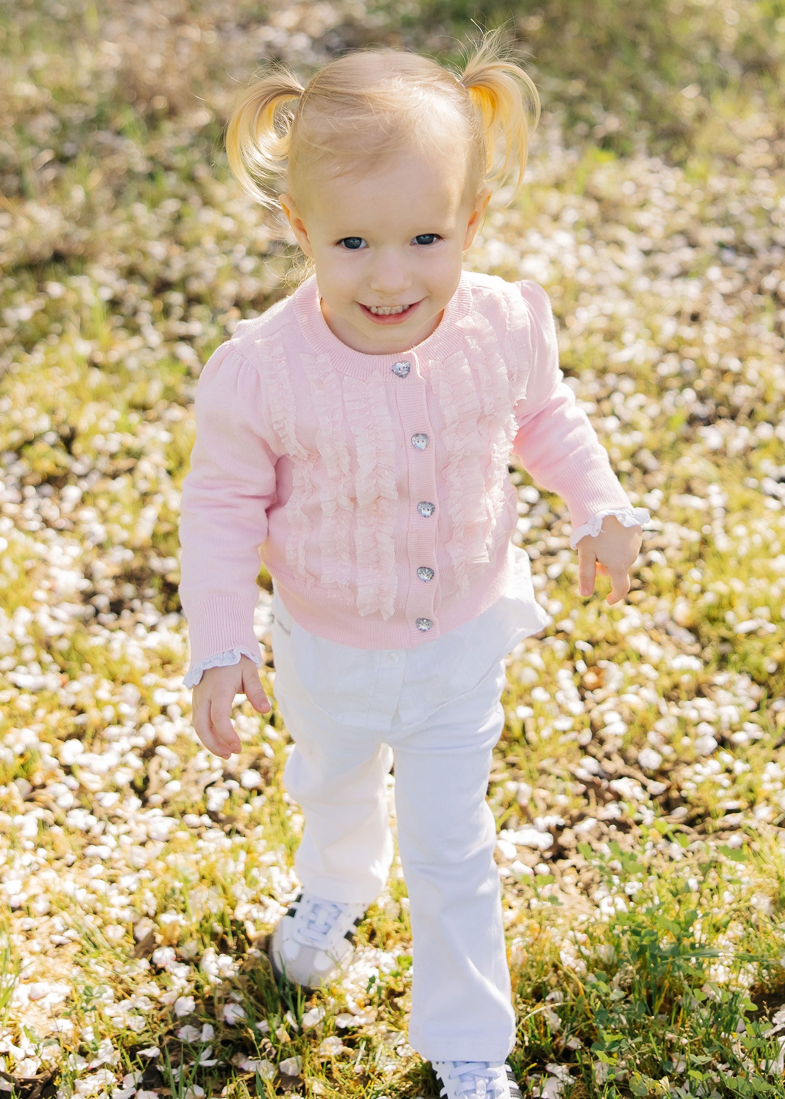 Izzy Spotted Tulle Ruffle Baby Cardigan Pale Pink