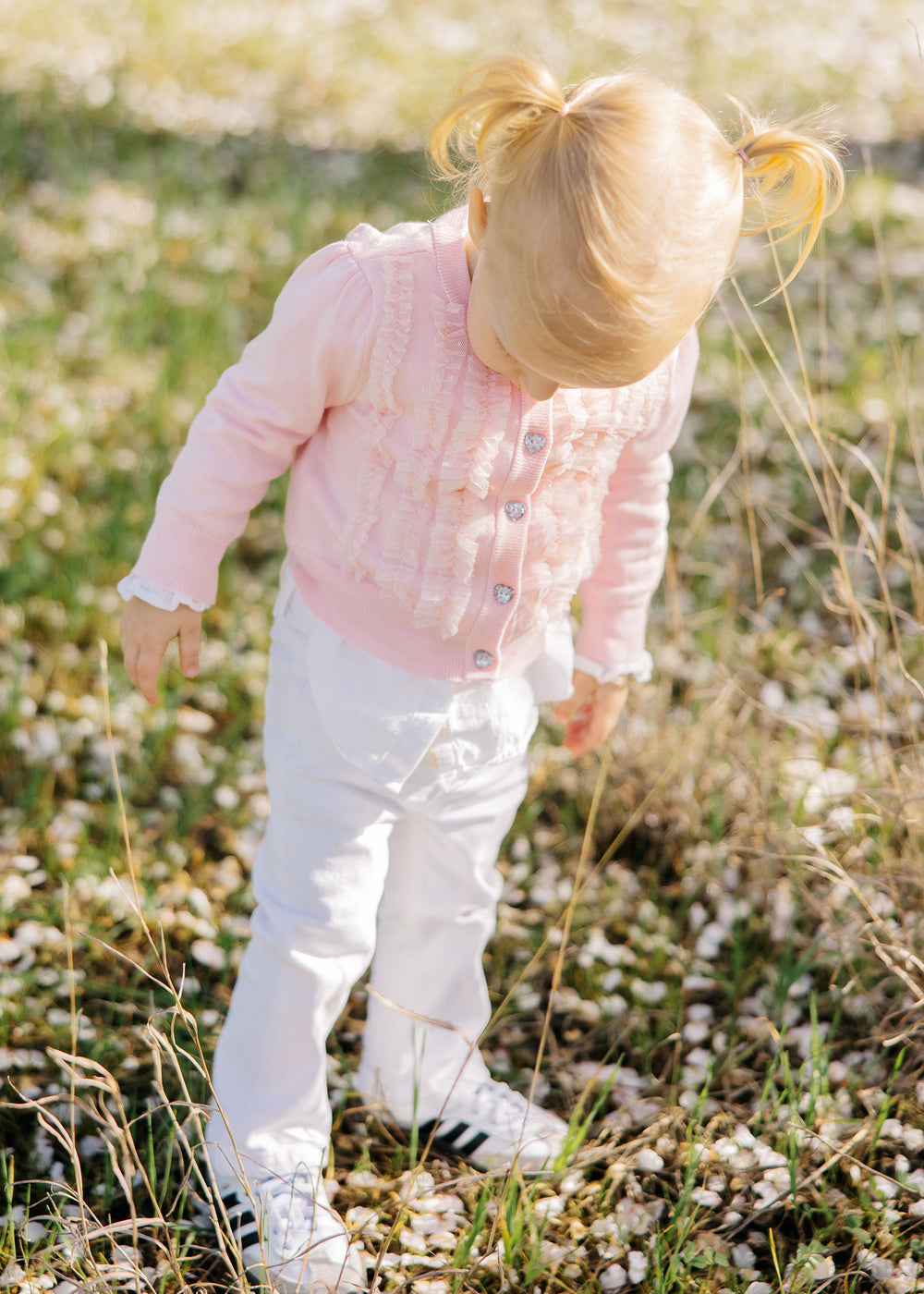 Izzy Spotted Tulle Ruffle Baby Cardigan Pale Pink