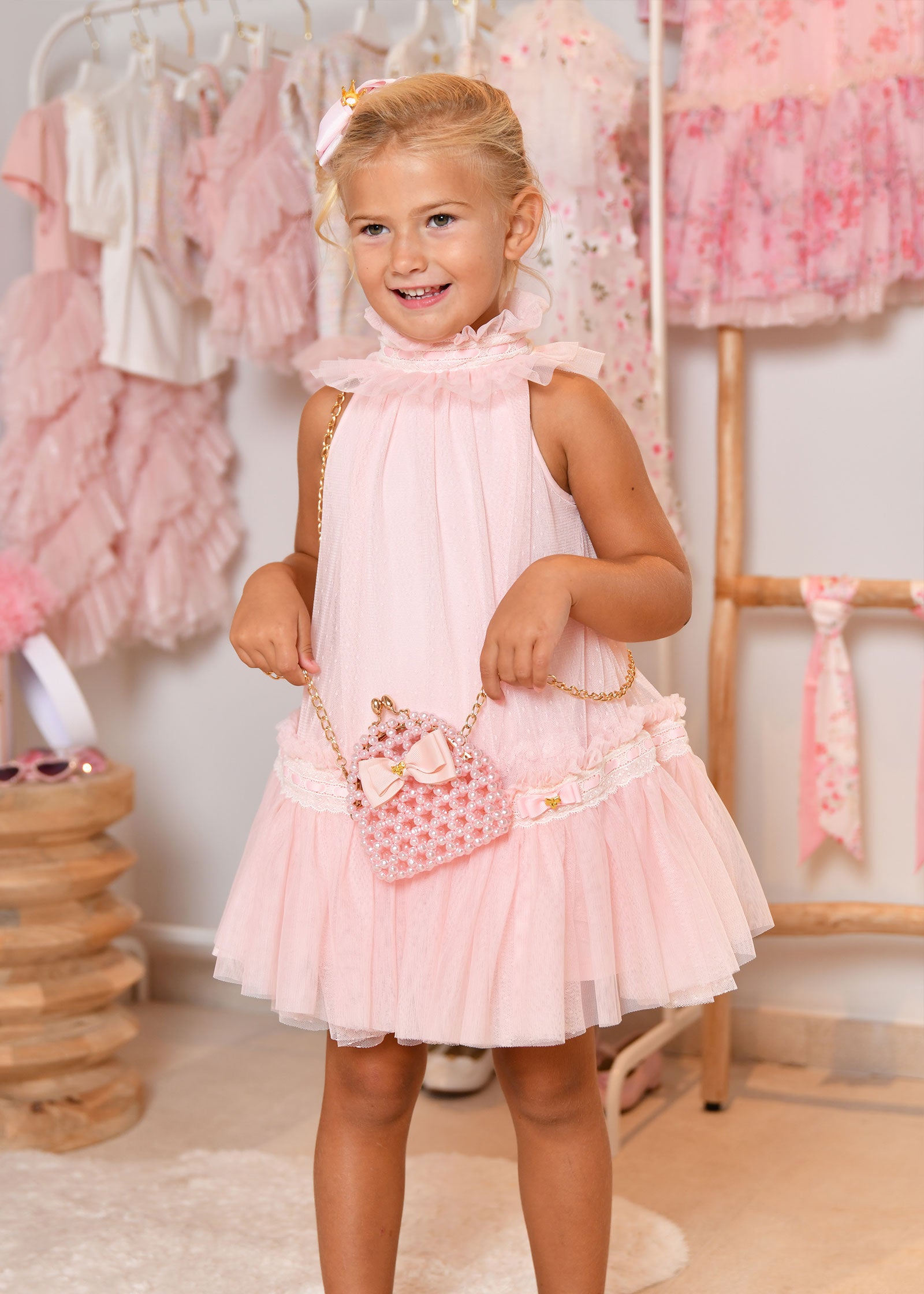 Jenny Spotted Tulle Lace Trim Dress Pale Pink