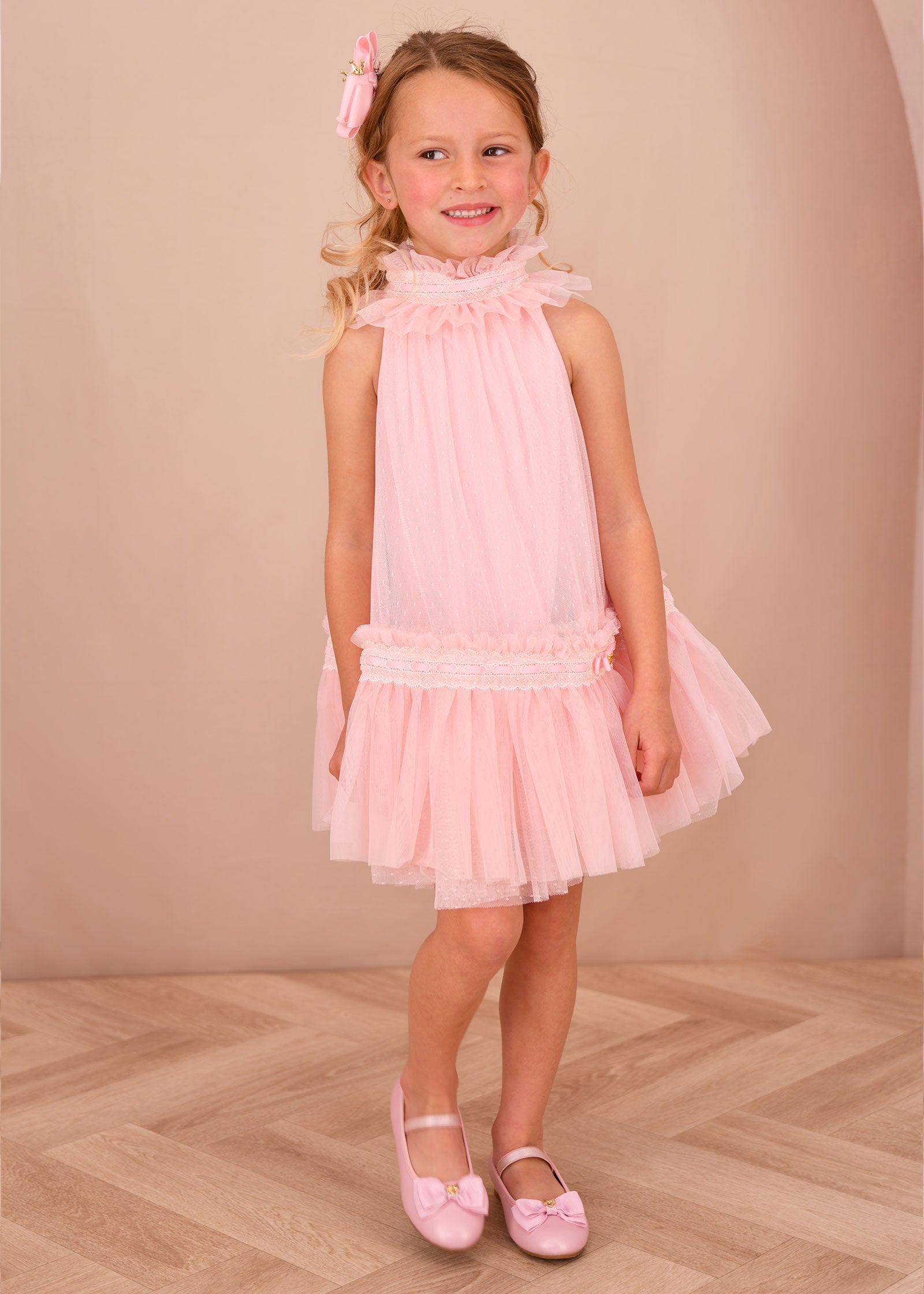 Jenny Spotted Tulle Lace Trim Dress Pale Pink