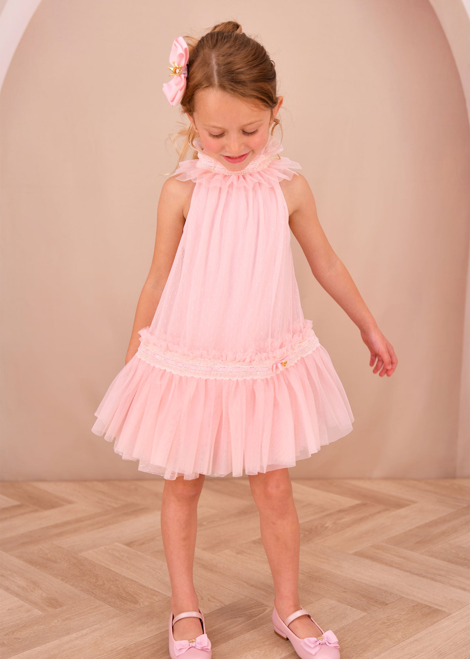 Jenny Spotted Tulle Lace Trim Dress Pale Pink