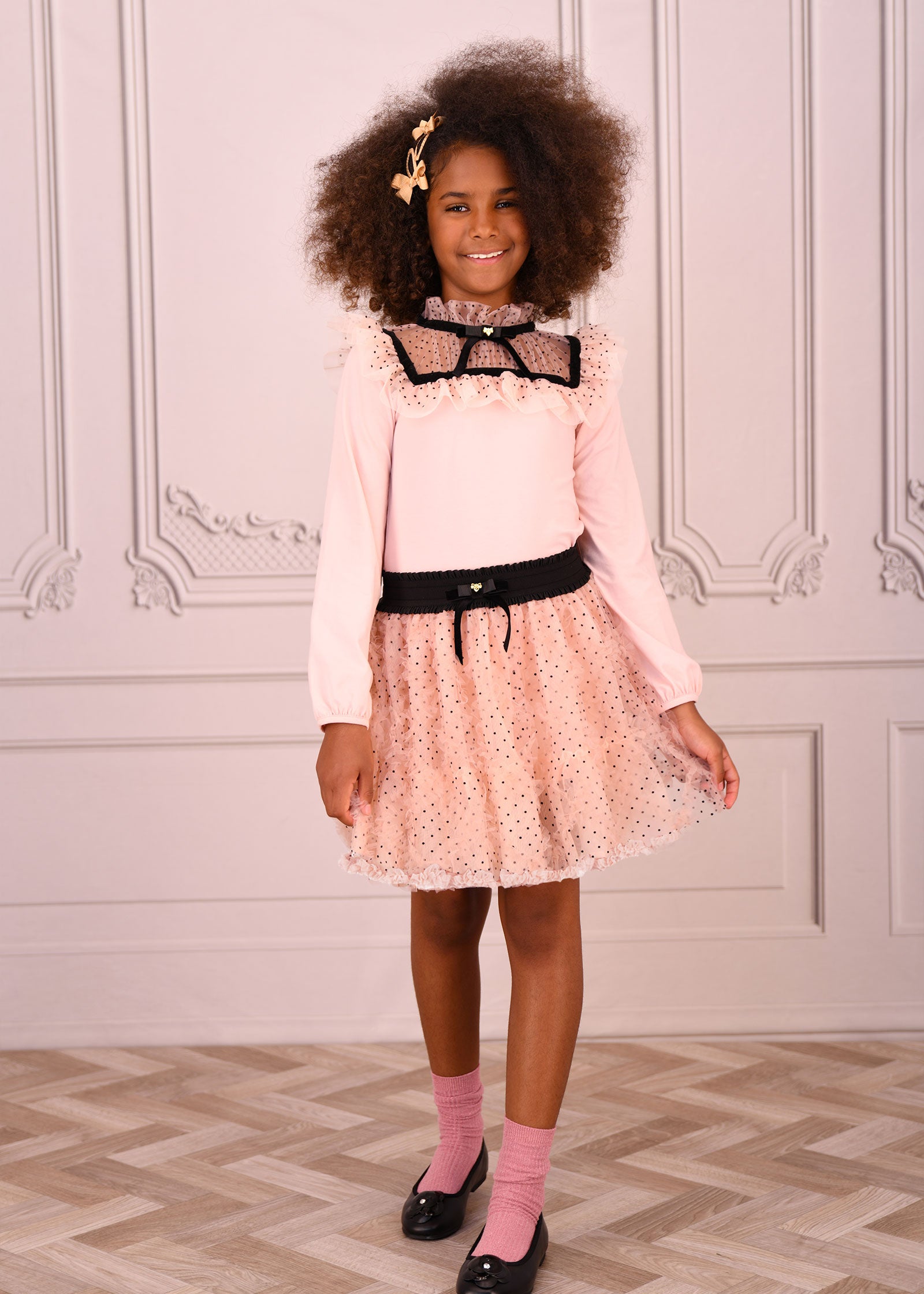 Juni Flock Dotted Tulle Top/Skirt Set Blush Pink