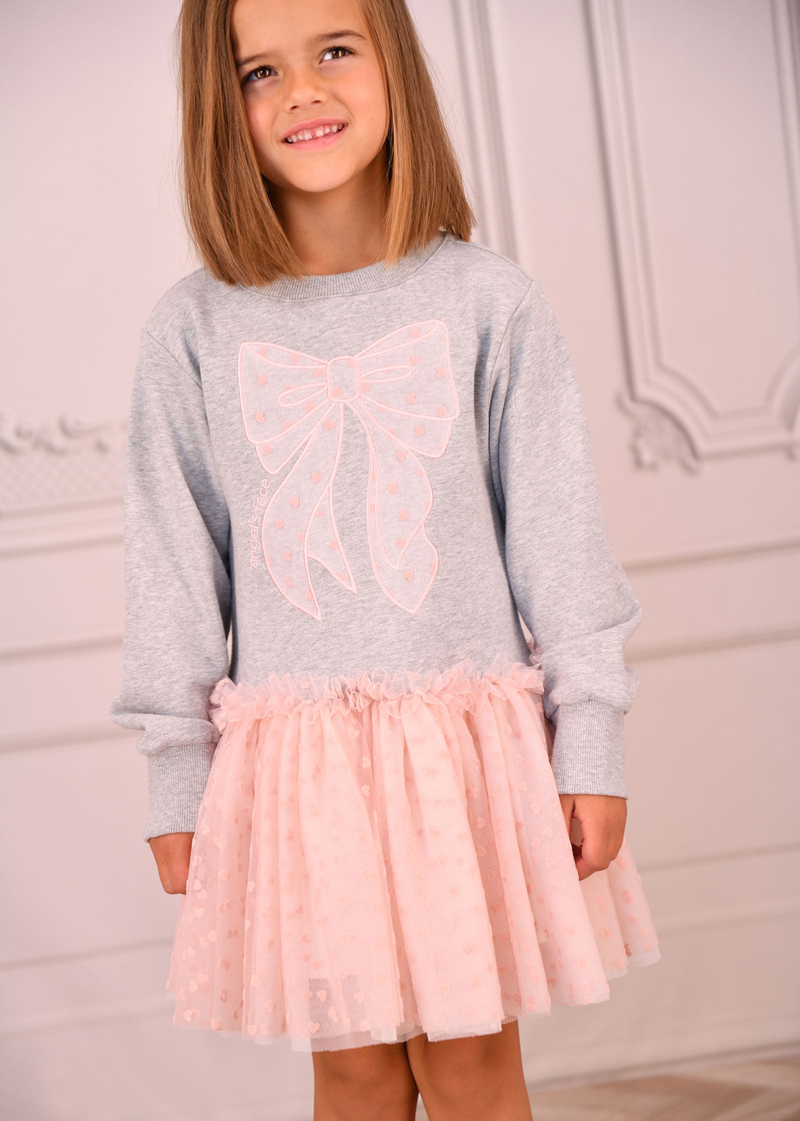 Juniper Sweat Dress With Heart Tulle Bow Grey