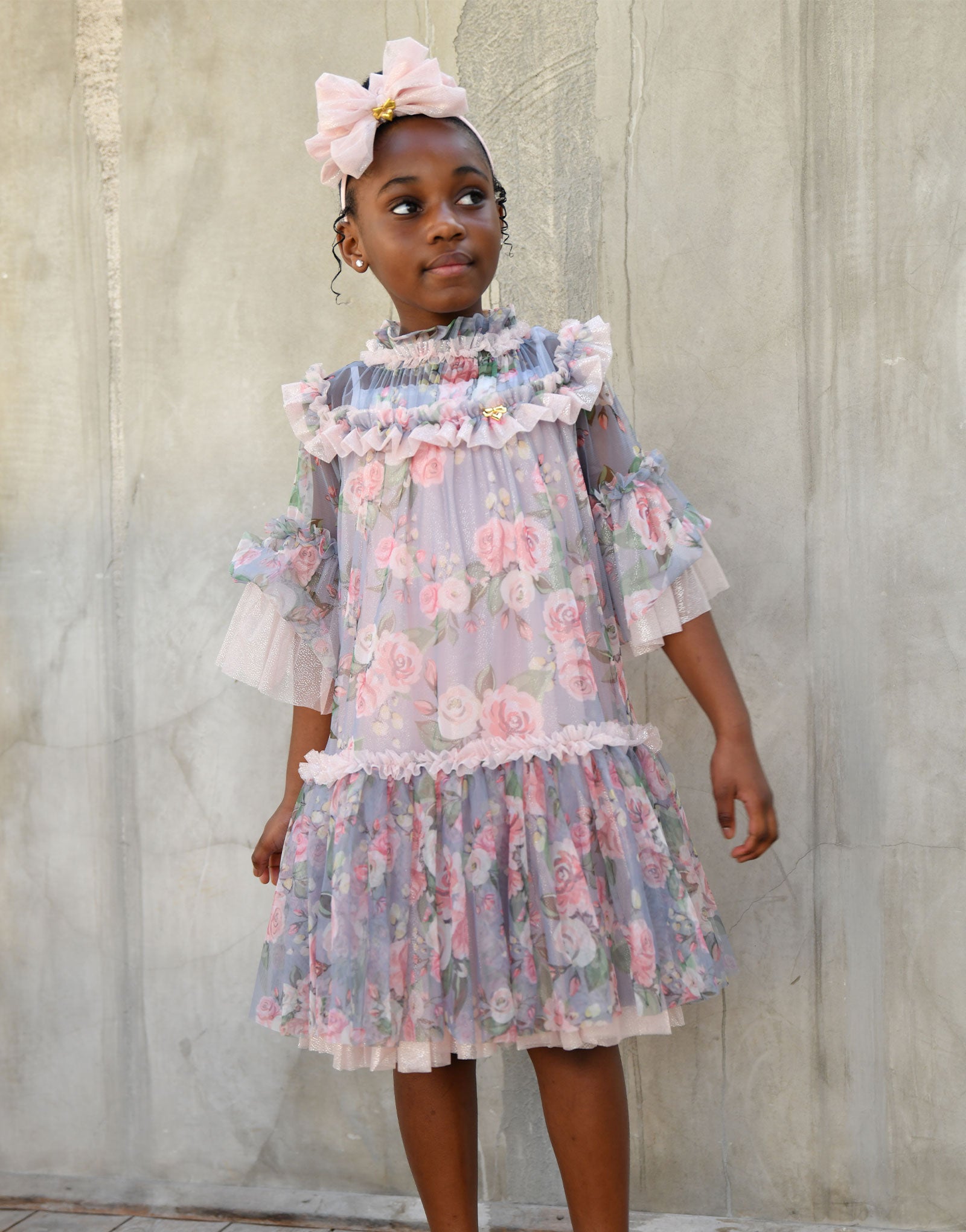 Katy Roses Print Tulle Dress Grey