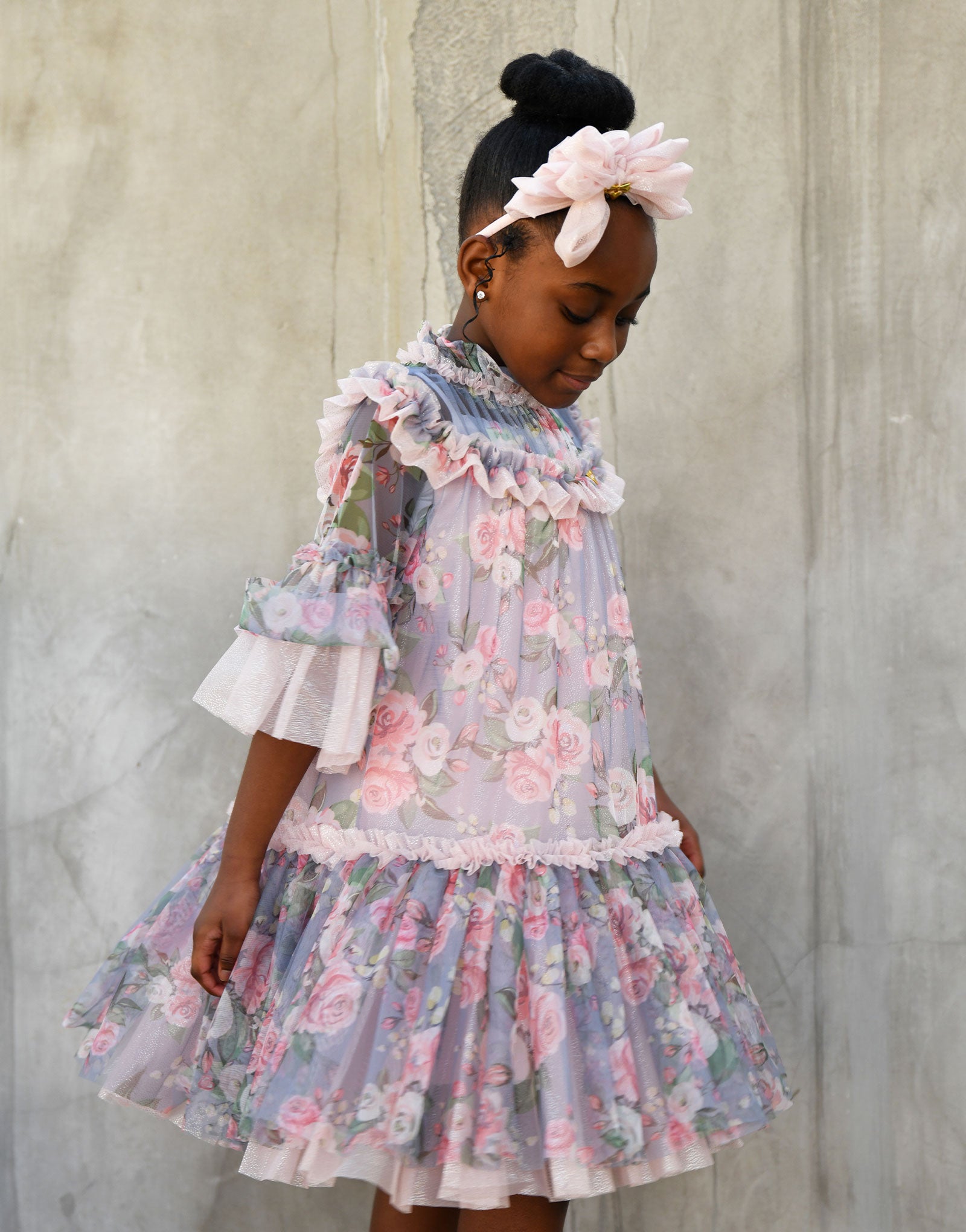Katy Roses Print Tulle Dress Grey